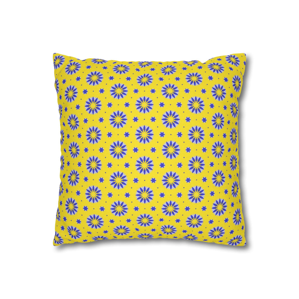 Blue Sun Yellow Floral Pattern THROW PILLOW COVER — Blue Sunburst Decorative Throw Pillow