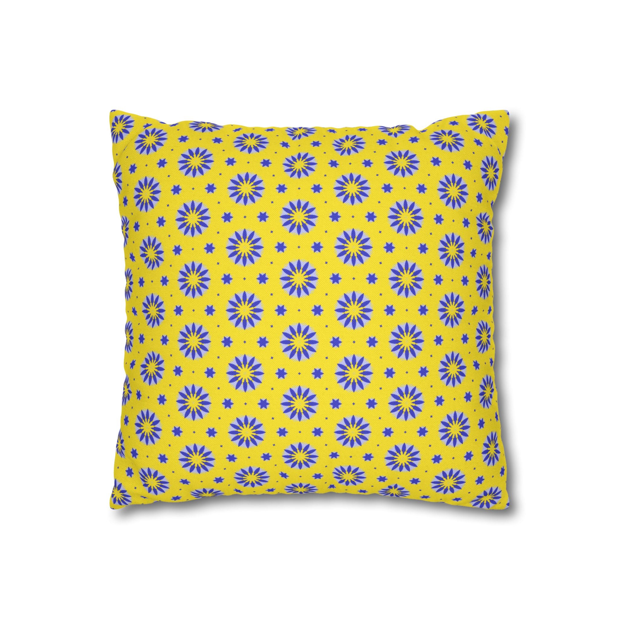 Blue Sun Yellow Floral Pattern THROW PILLOW COVER — Blue Sunburst Decorative Throw Pillow