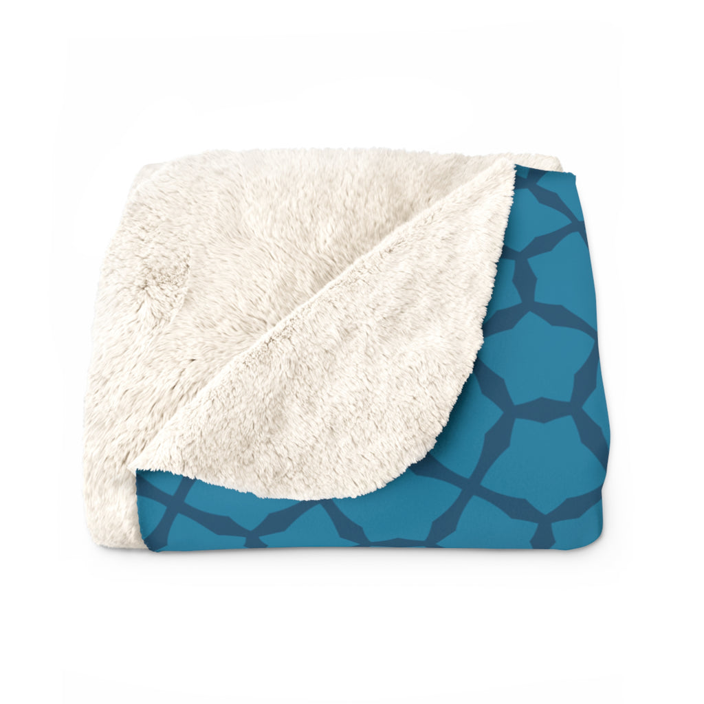 Blue Geometric Sherpa Blanket — Cozy Fleece Throw with Moroccan Tile Pattern