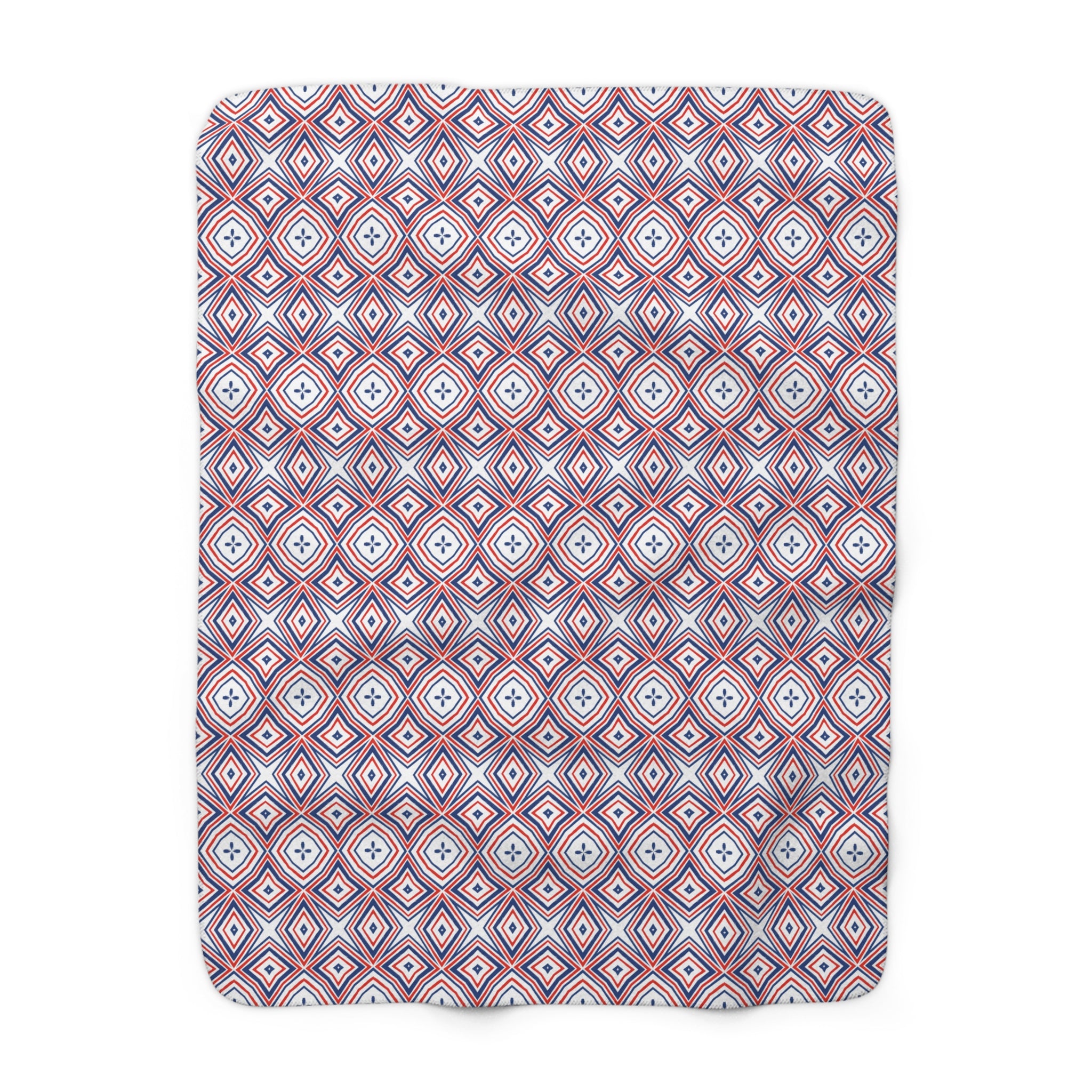 Geometric Red White Blue Sherpa Fleece Blanket — Cozy Retro Diamond Pattern