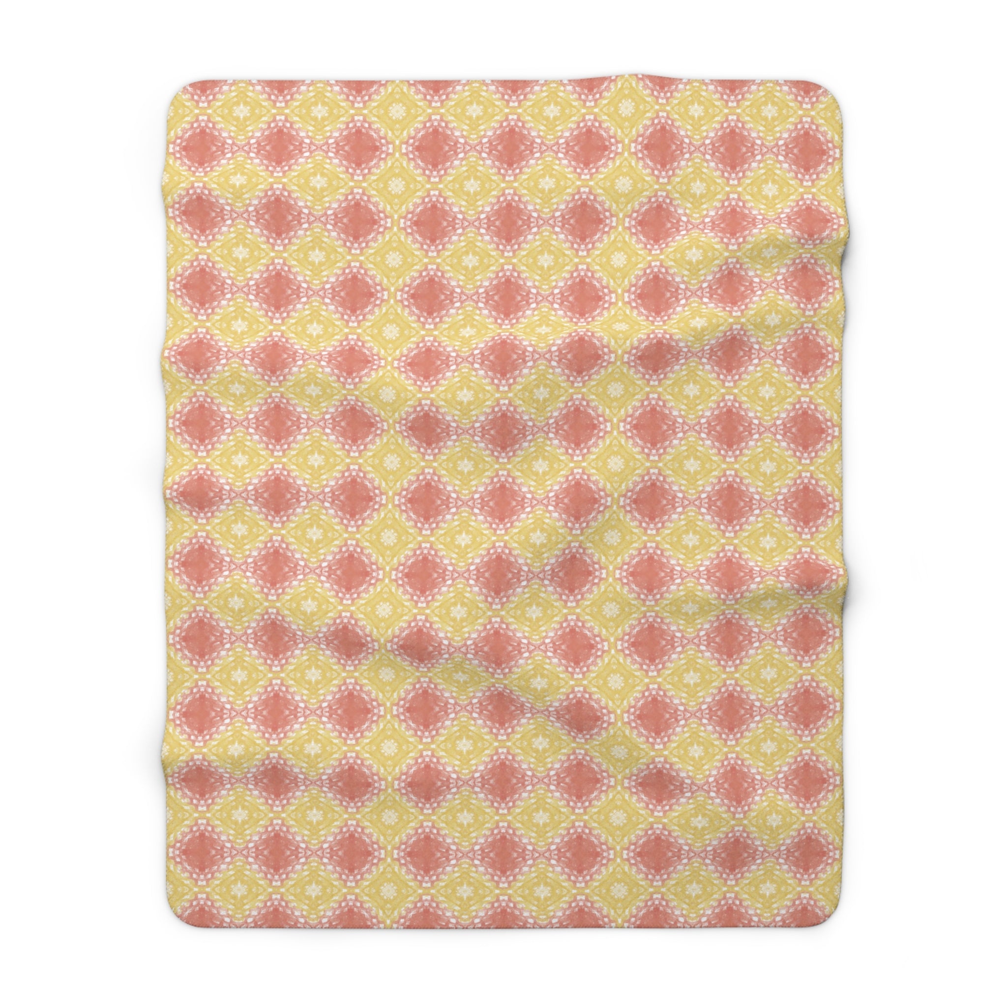 Pastel Boho Diamond Pattern Sherpa Blanket – Cozy Retro Floral Fleece Throw in Peach & Yellow