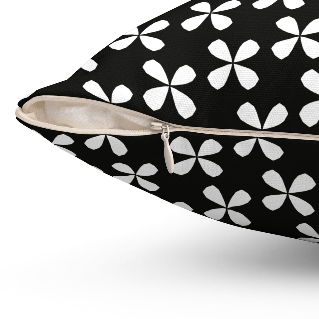 Black Floral Square Pillow — White Flowers on Black Background