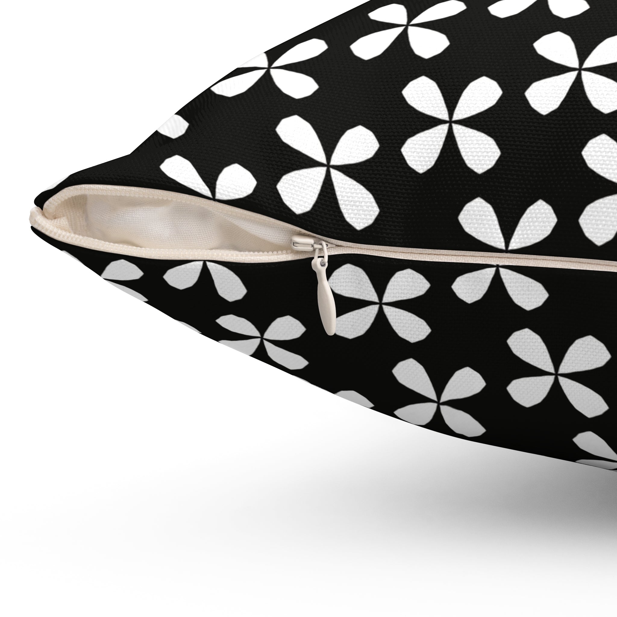 Black Floral Square Pillow — White Flowers on Black Background