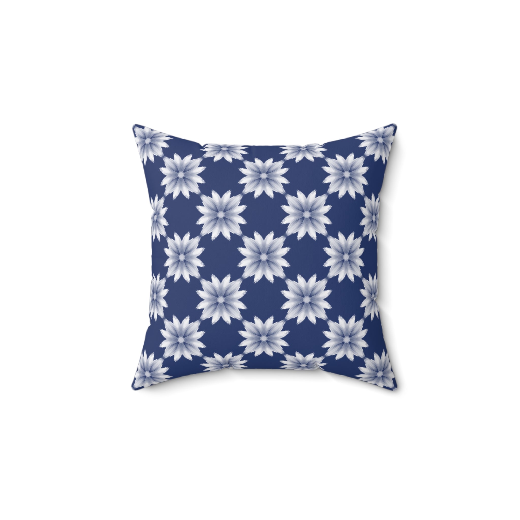 Blue Floral Decorative Pillow — Navy White Dahlia Pattern Square Throw Pillow
