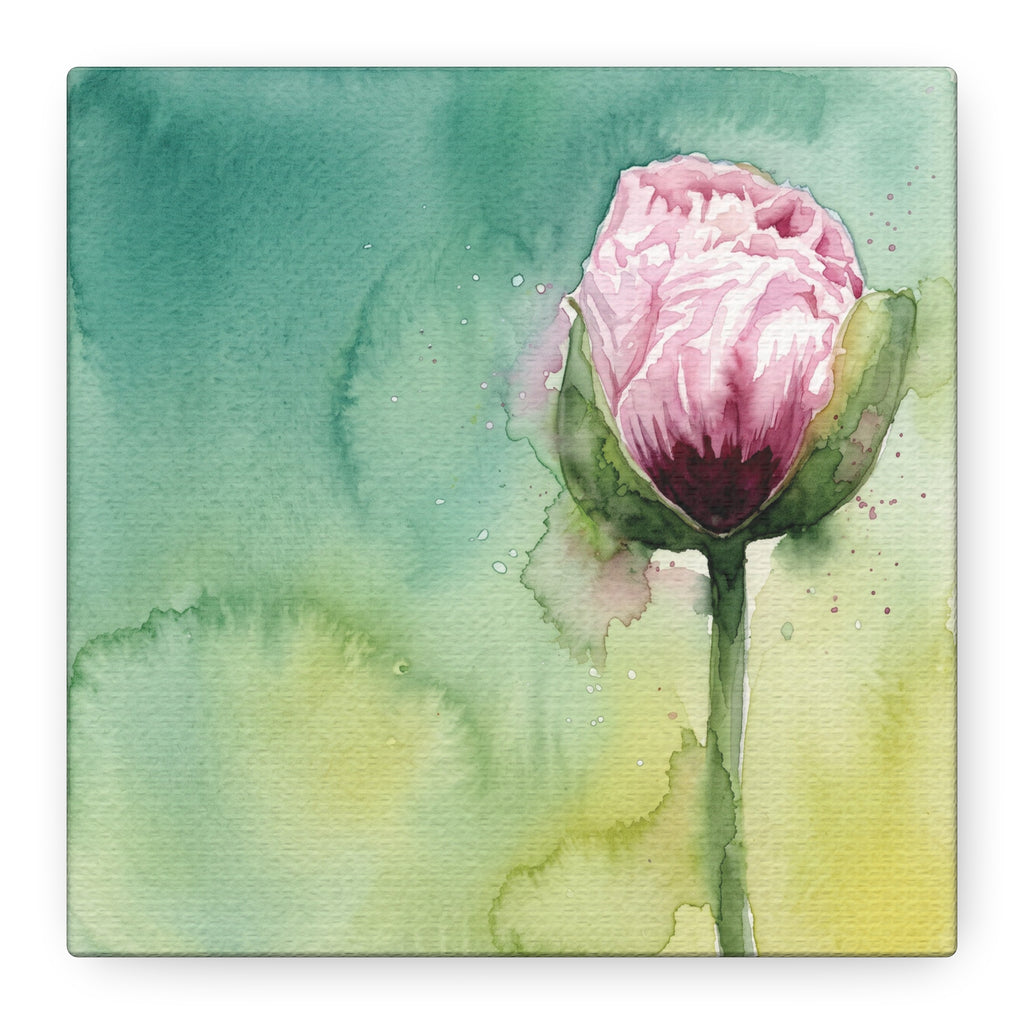 A square watercolor painting of a pink flower bud with a green stem, set against a soft green and yellow background with visible canvas texture.