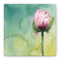 A square watercolor painting of a pink flower bud with a green stem, set against a soft green and yellow background with visible canvas texture.
