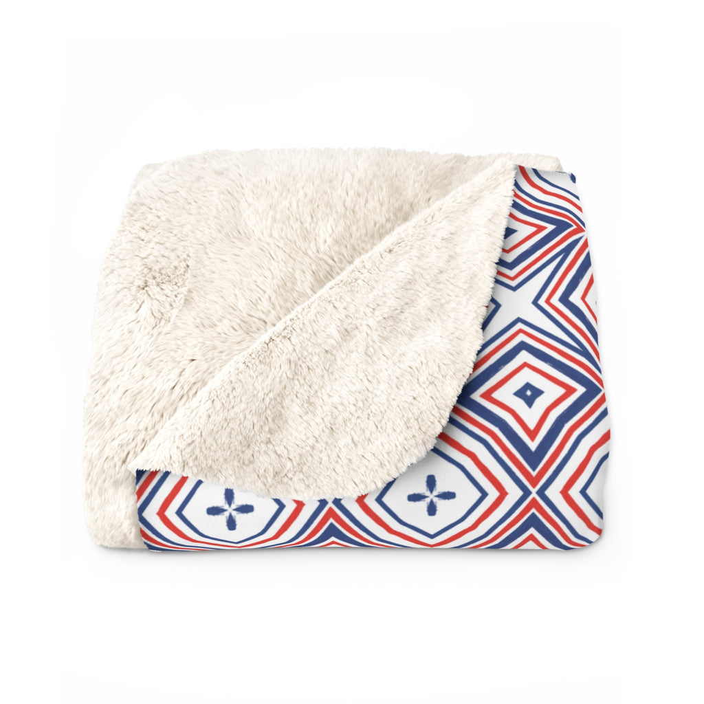 Geometric Red White Blue Sherpa Fleece Blanket — Cozy Retro Diamond Pattern