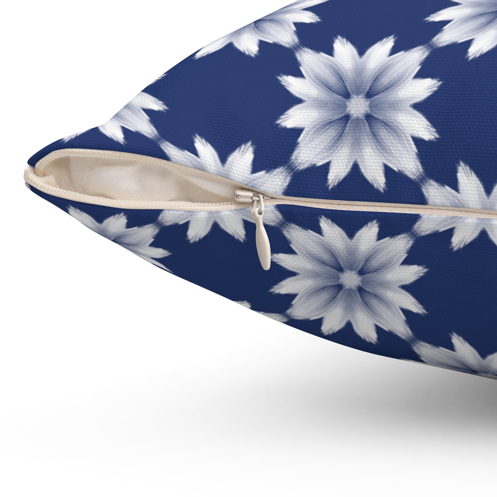 Blue Floral Decorative Pillow — Navy White Dahlia Pattern Square Throw Pillow