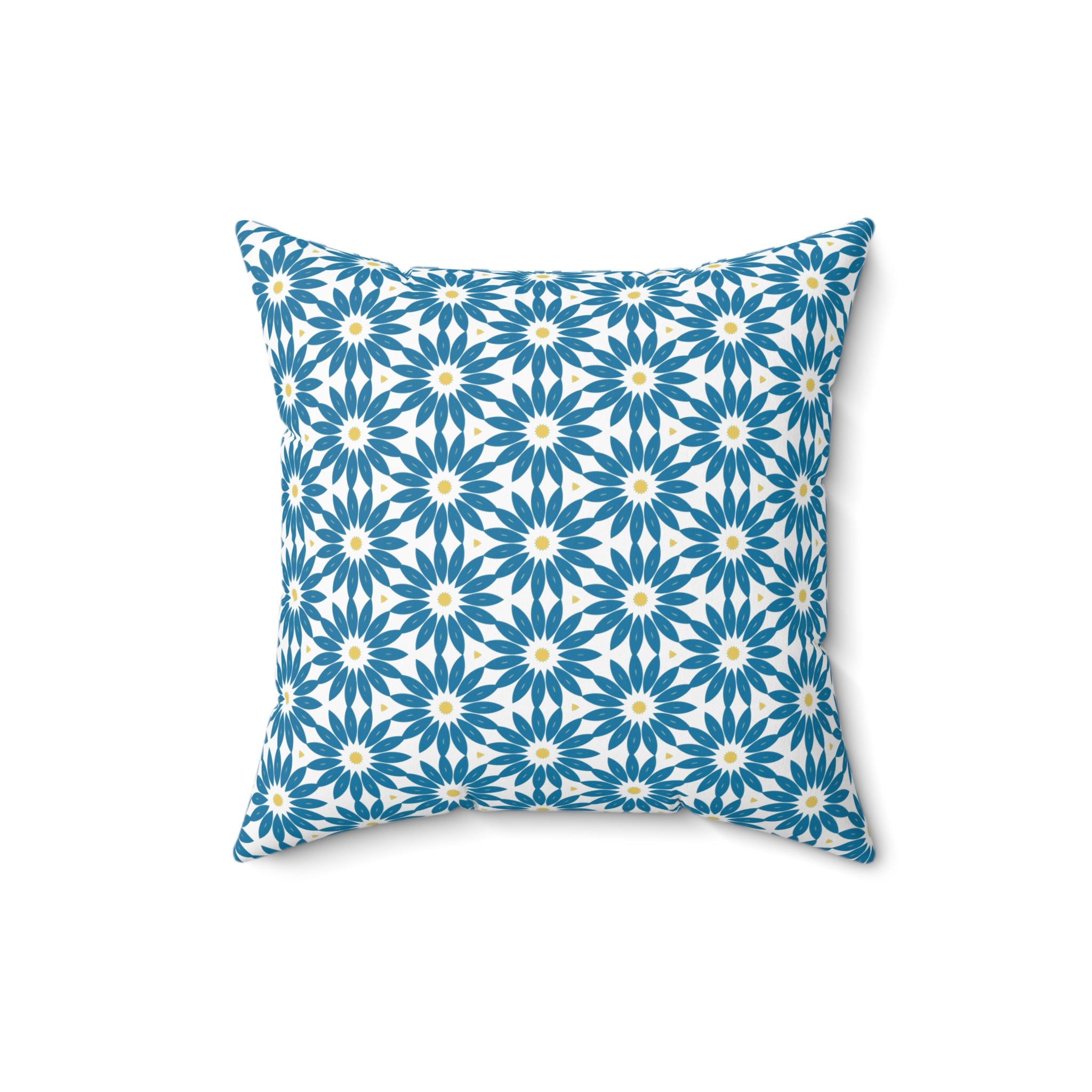 Blue Daisy Pattern Square Pillow — Floral Geometric Decorative Throw Pillow