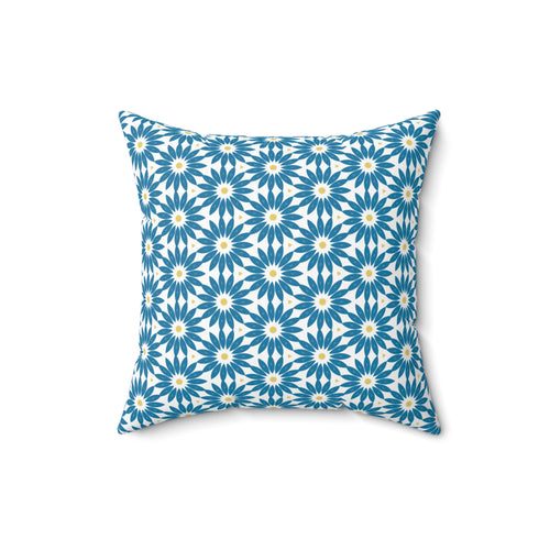 Blue Daisy Pattern Square Pillow — Floral Geometric Decorative Throw Pillow