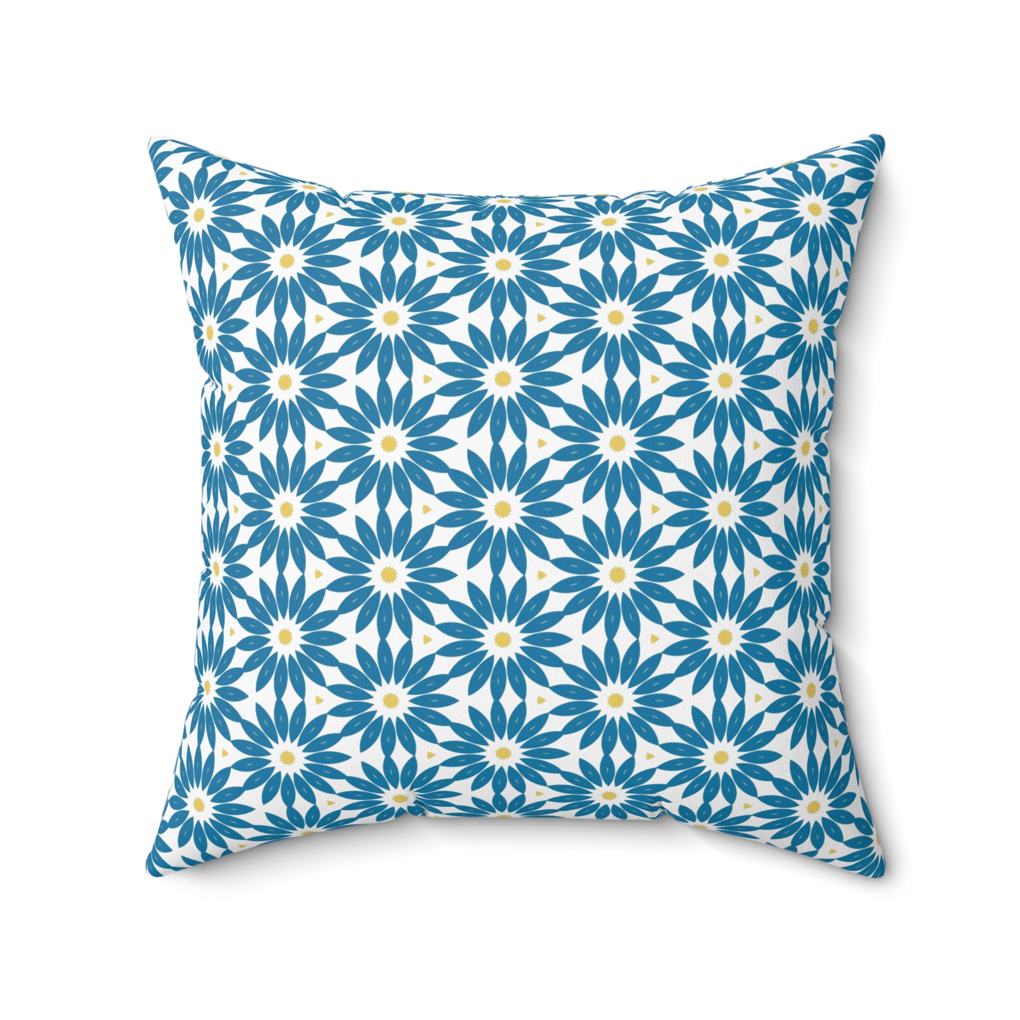 Blue Daisy Pattern Square Pillow — Floral Geometric Decorative Throw Pillow