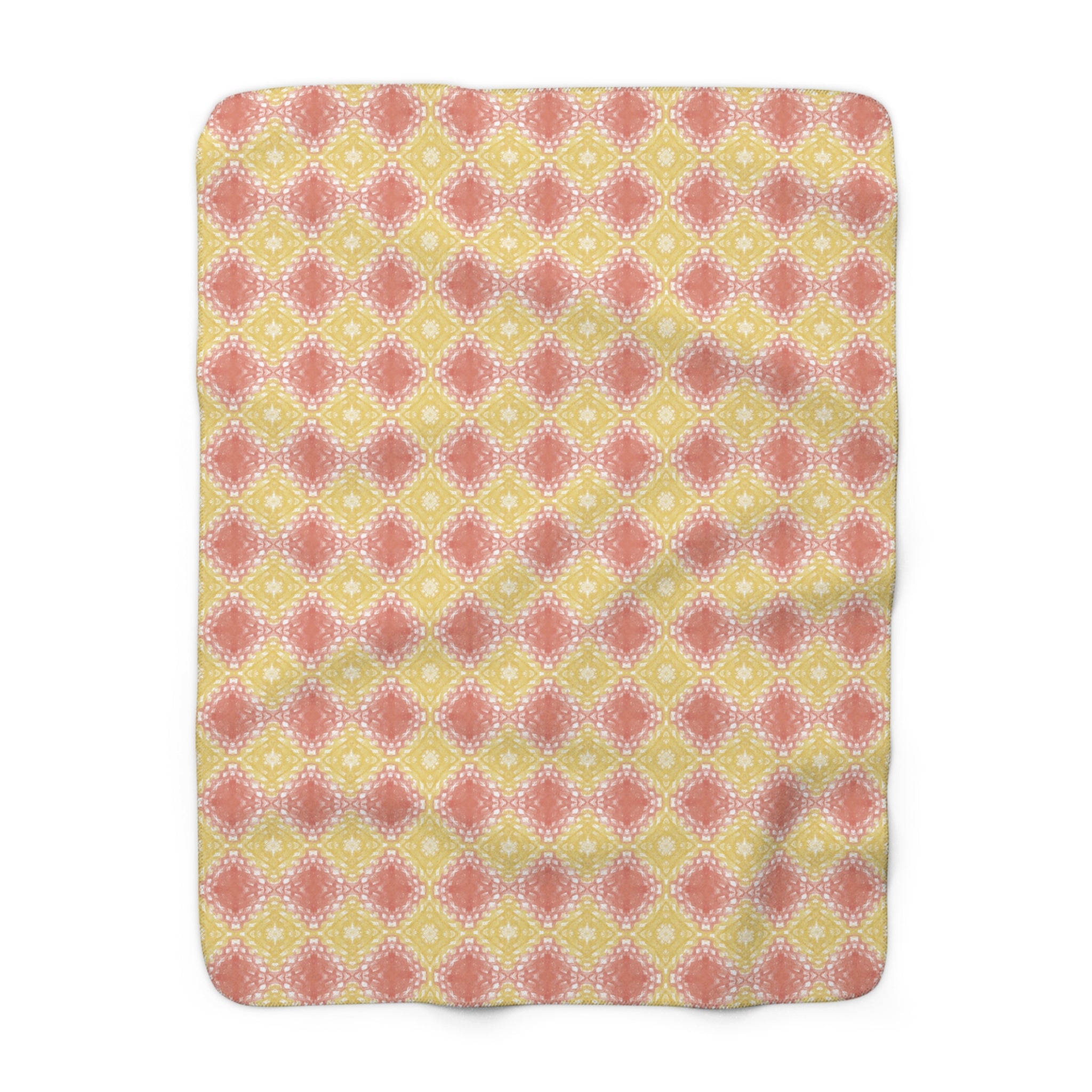 Pastel Boho Diamond Pattern Sherpa Blanket – Cozy Retro Floral Fleece Throw in Peach & Yellow