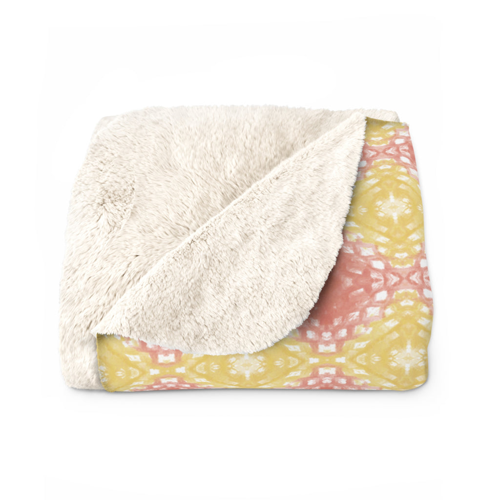 Pastel Boho Diamond Pattern Sherpa Blanket – Cozy Retro Floral Fleece Throw in Peach & Yellow