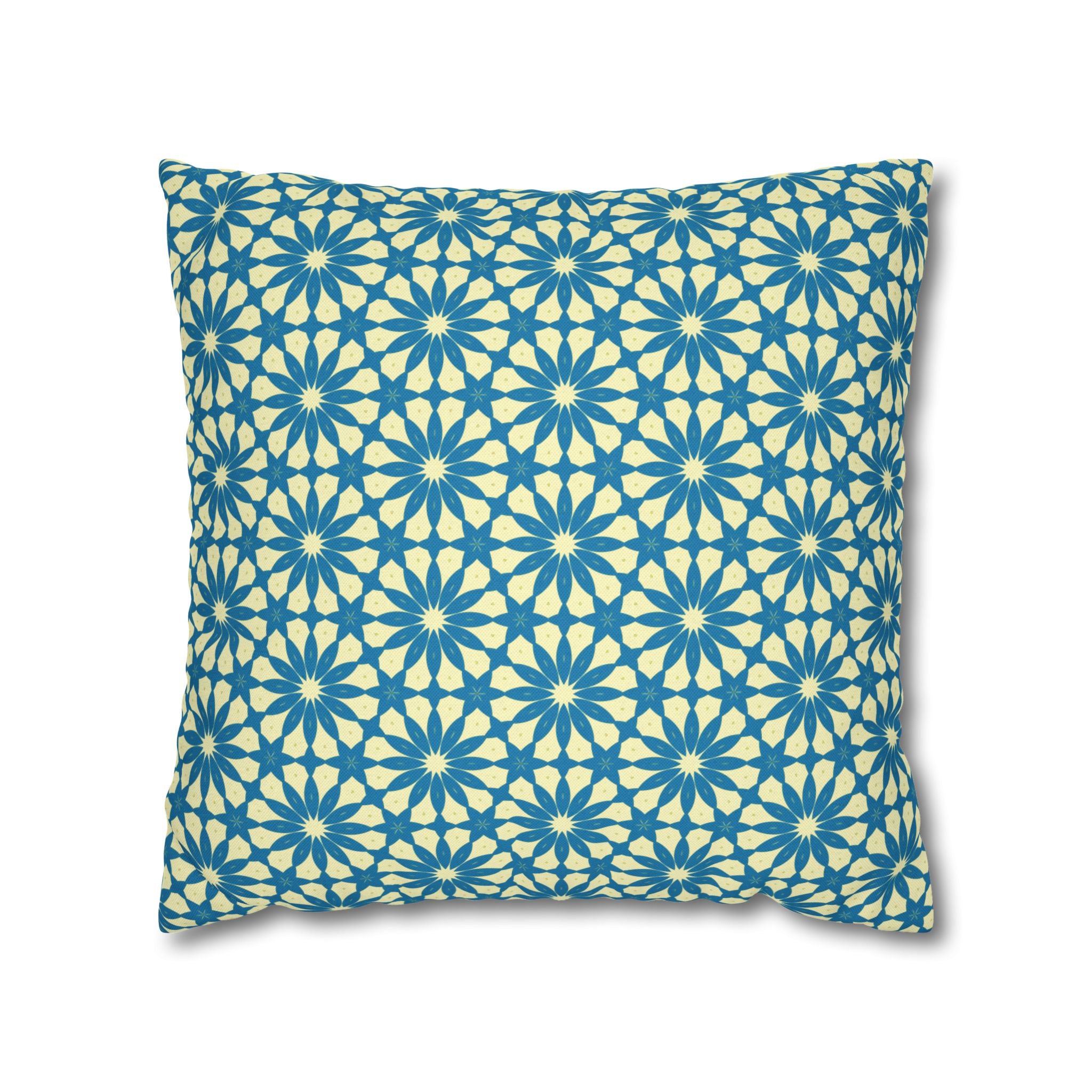 Geometric Teal Daisy THROW PILLOW COVER — Blue Daisy Pattern Square Throw Pillow Cover