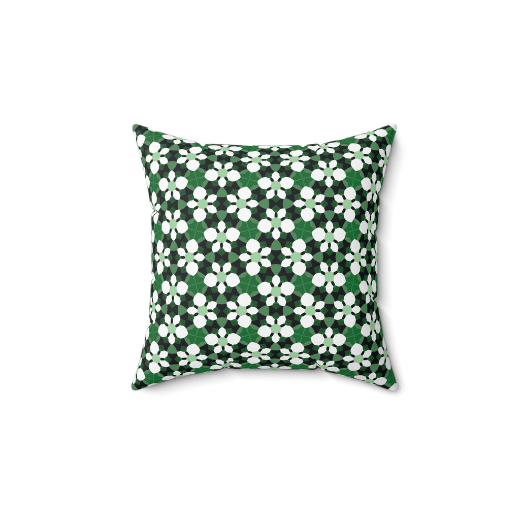 Green Retro Floral Pattern Pillow — Decorative Square Throw Pillow
