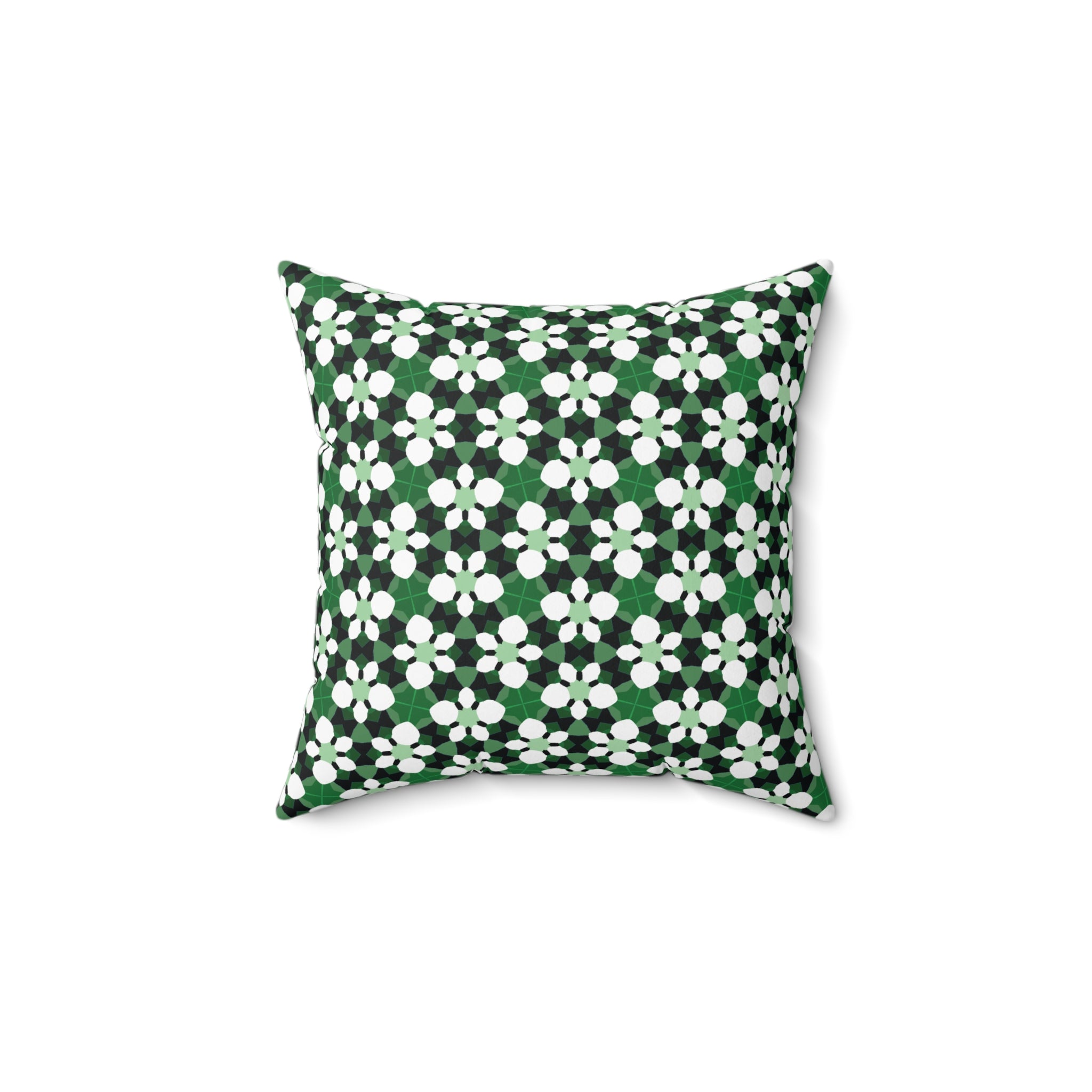Green Retro Floral Pattern Pillow — Decorative Square Throw Pillow