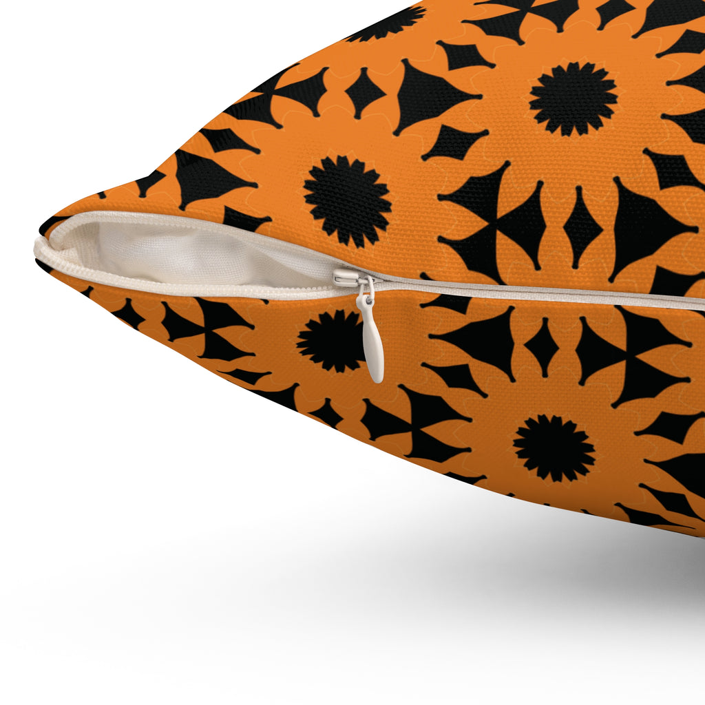 Orange & Black Sunflower Pattern Pillow — Spun Polyester Decorative Throw Pillow