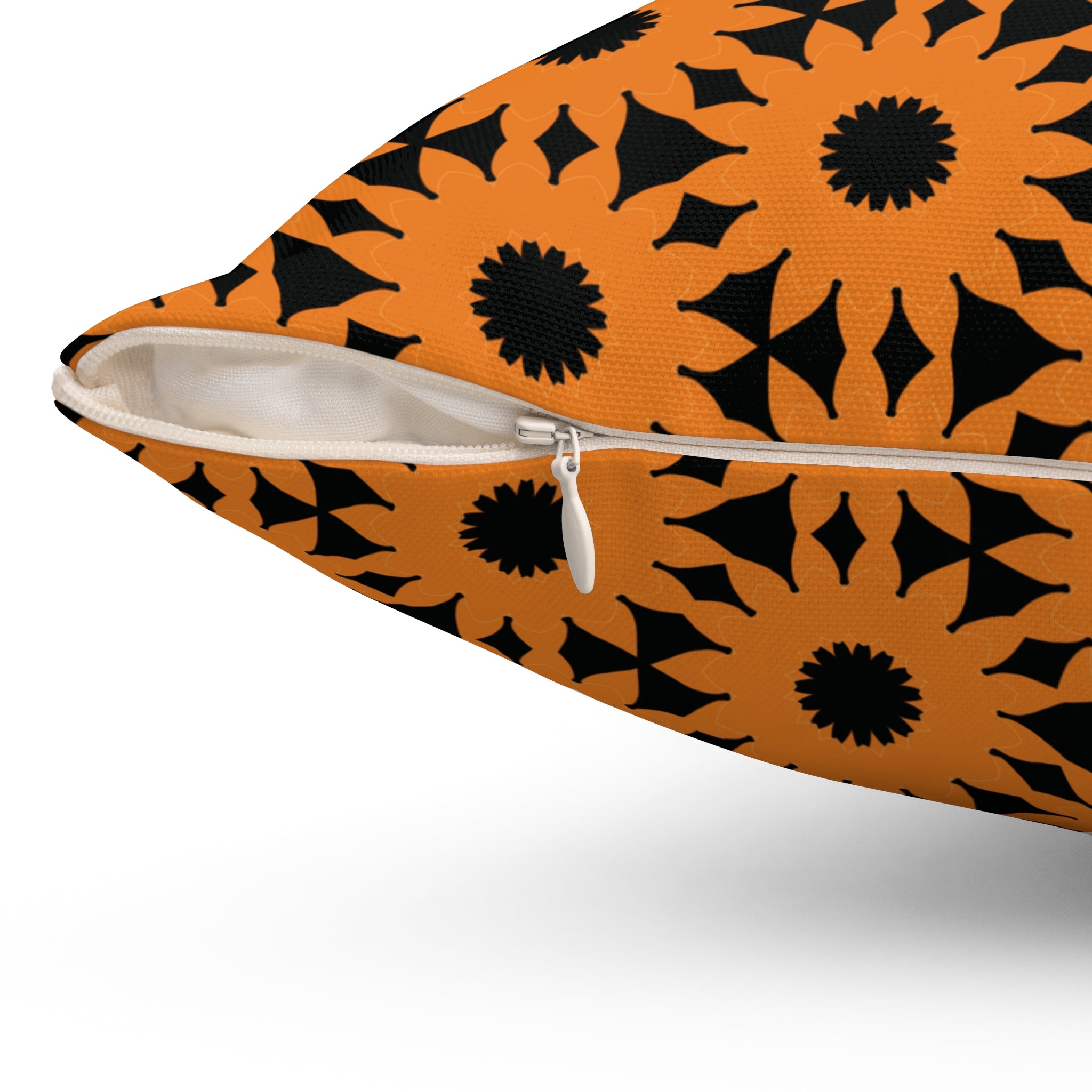 Orange & Black Sunflower Pattern Pillow — Spun Polyester Decorative Throw Pillow