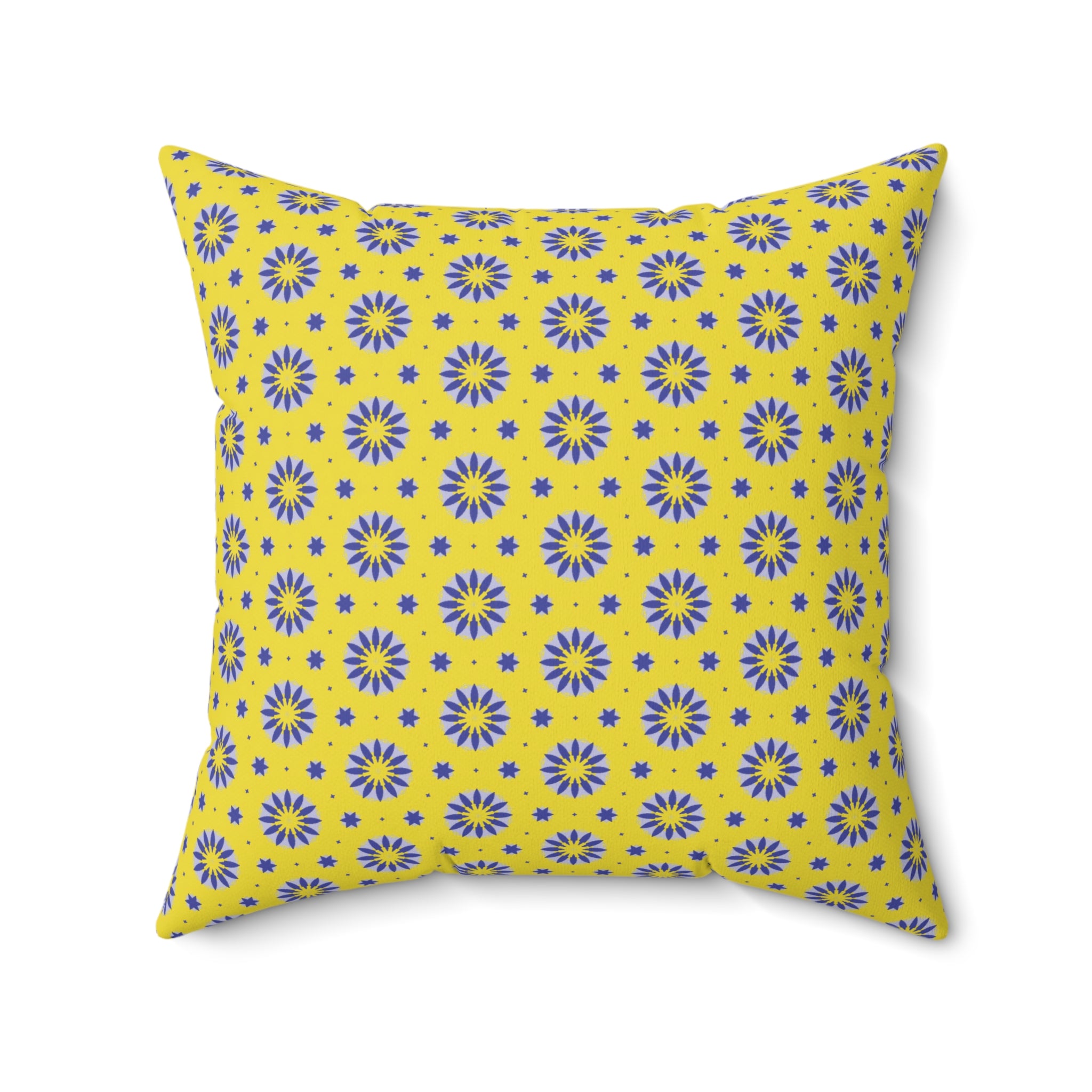 Yellow Floral Pattern Square Pillow — Blue Sunburst Decorative Throw Pillow