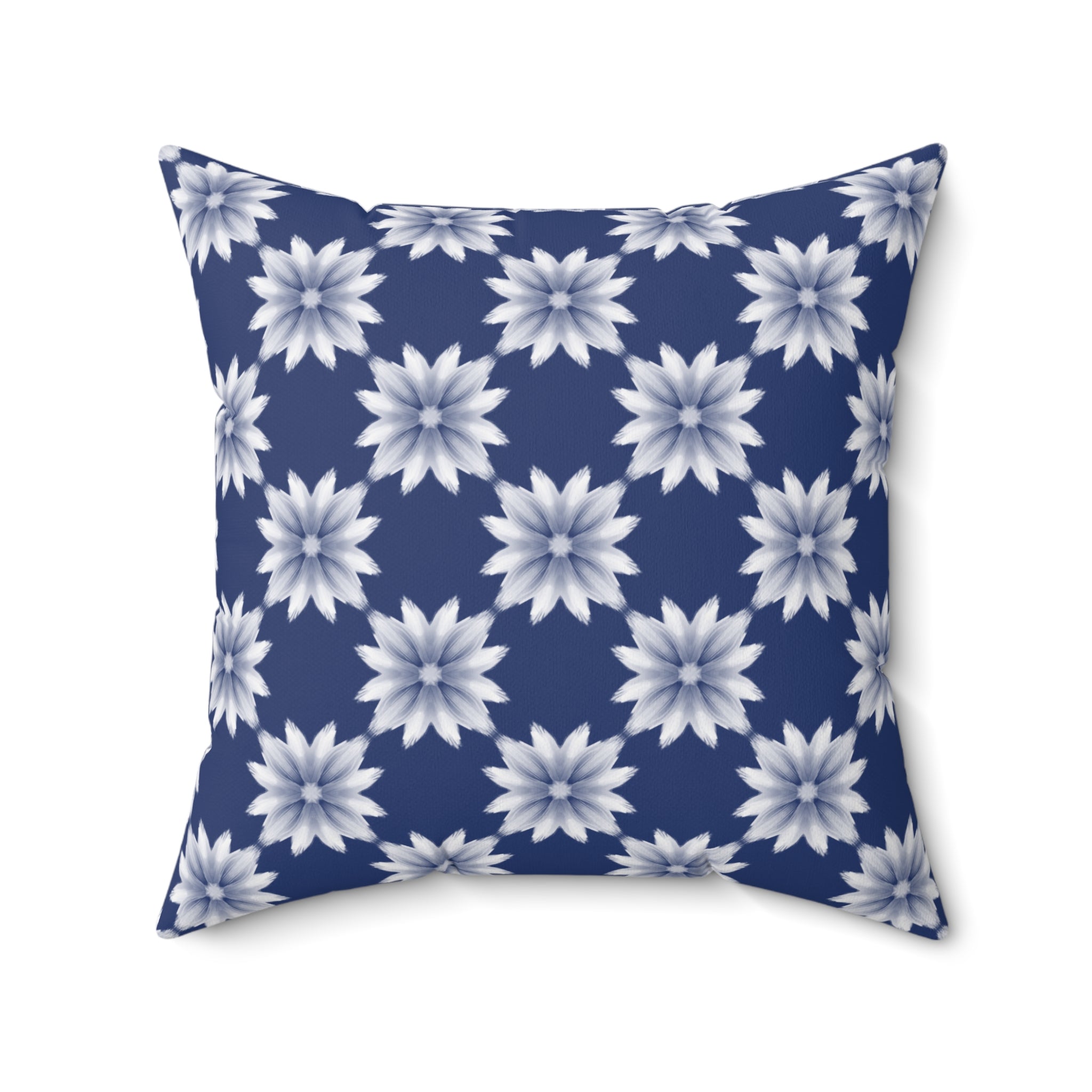 Blue Floral Decorative Pillow — Navy White Dahlia Pattern Square Throw Pillow