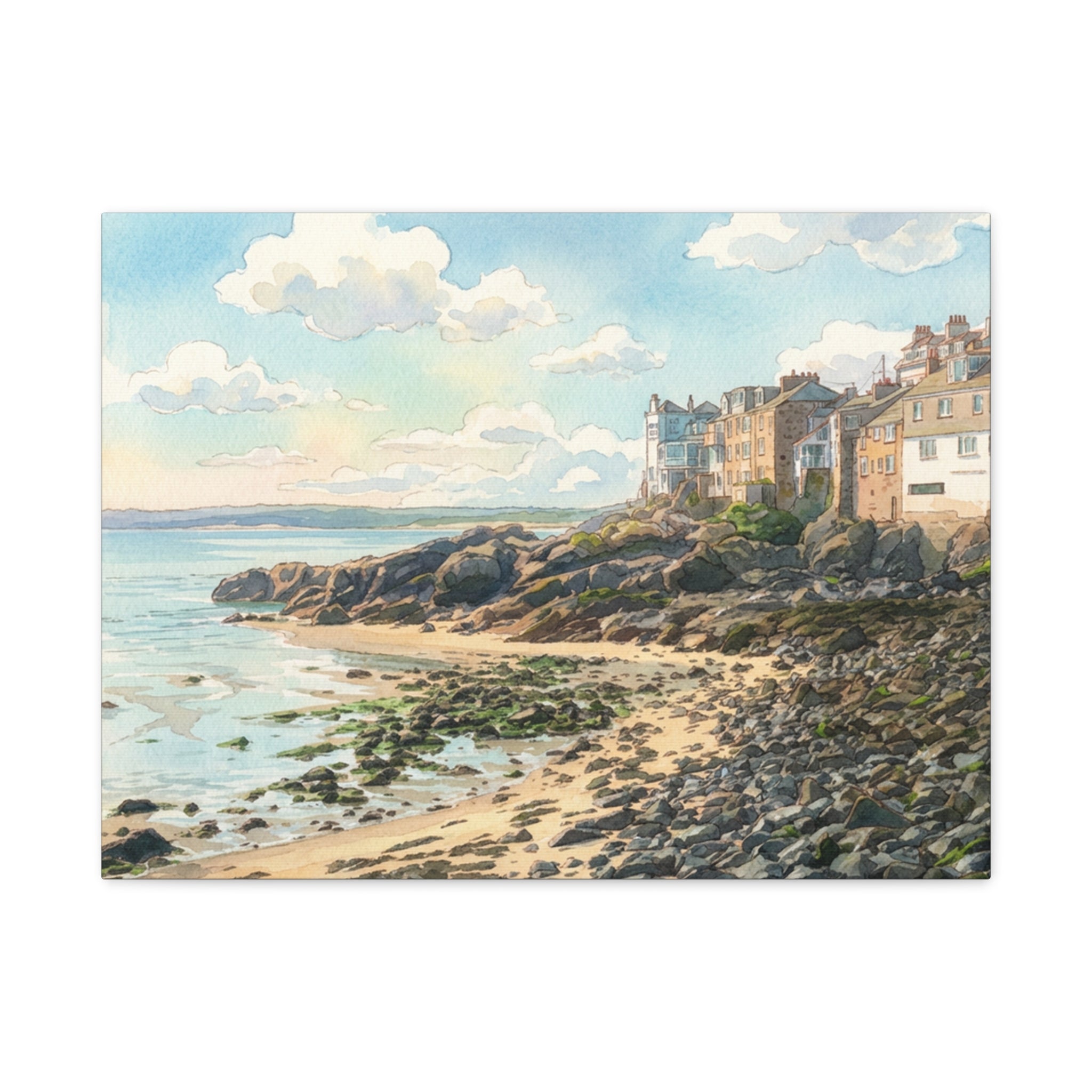 Coastal Seaside Village Matte Canvas Wall Art - Stretched Beachscape Print