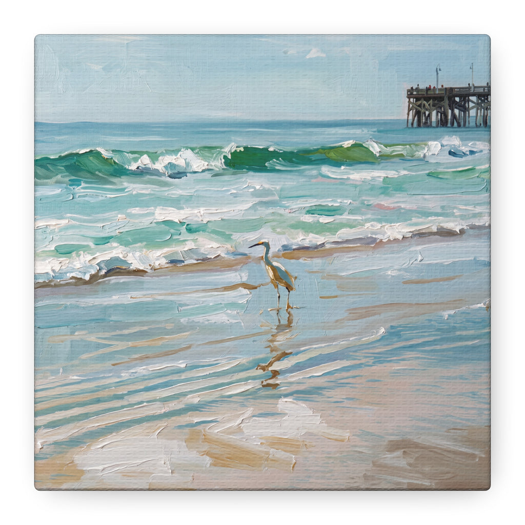 Seaside Heron Matte Stretched Canvas – Coastal Beach Pier Wall Art