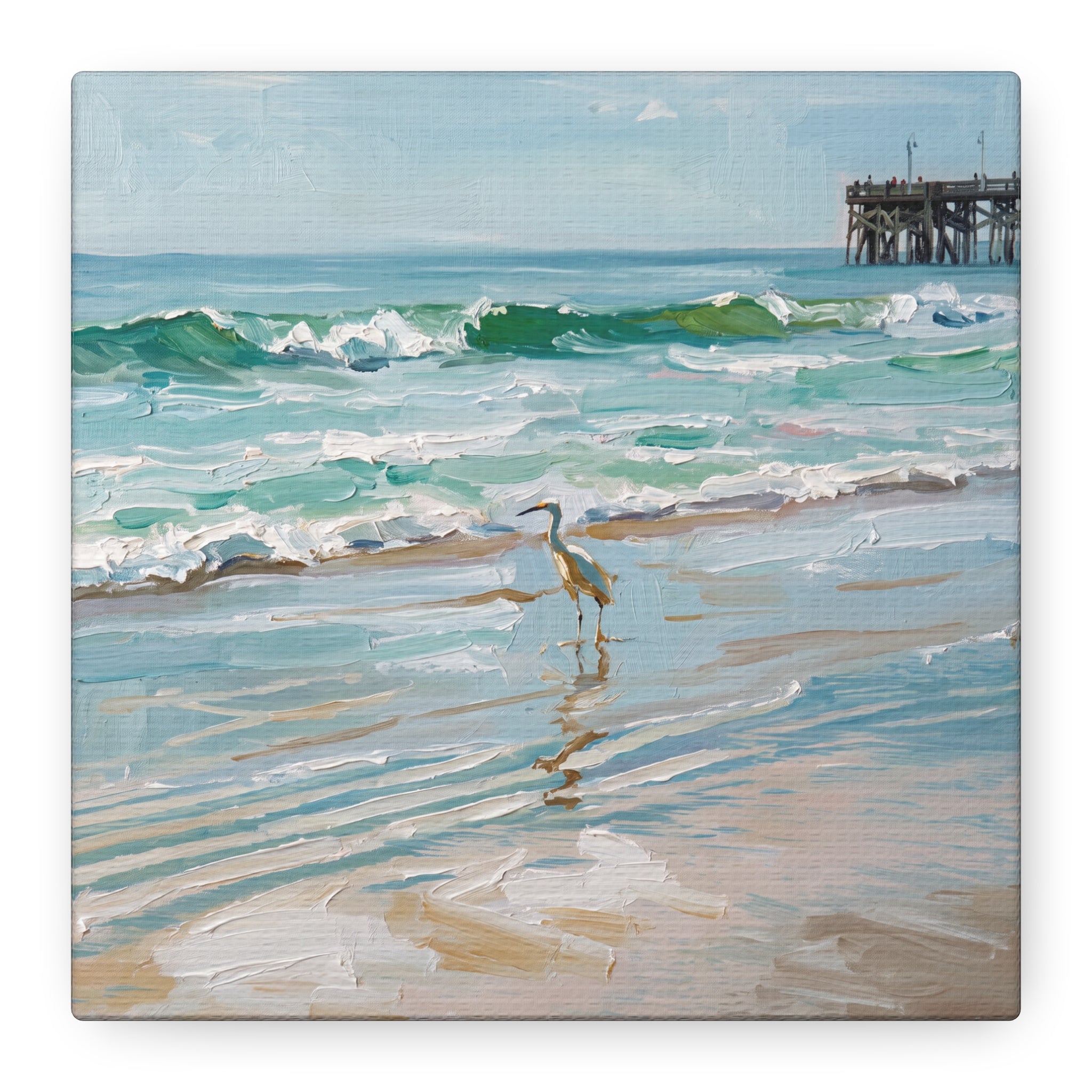 Seaside Heron Matte Stretched Canvas – Coastal Beach Pier Wall Art