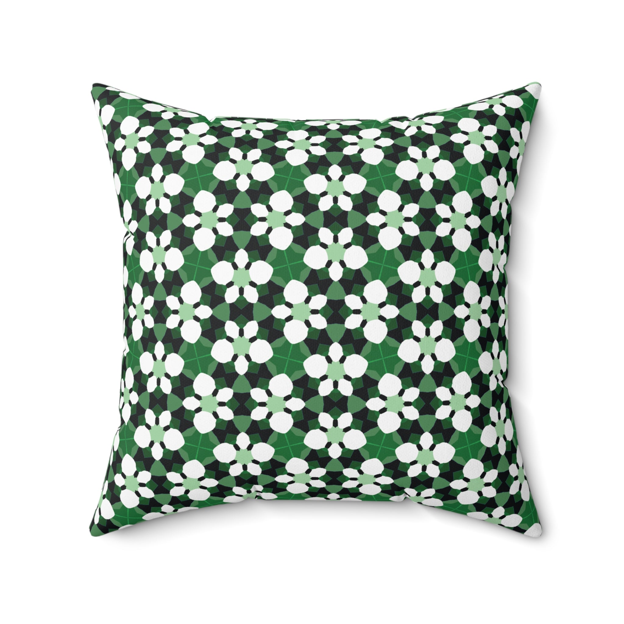 Green Retro Floral Pattern Pillow — Decorative Square Throw Pillow