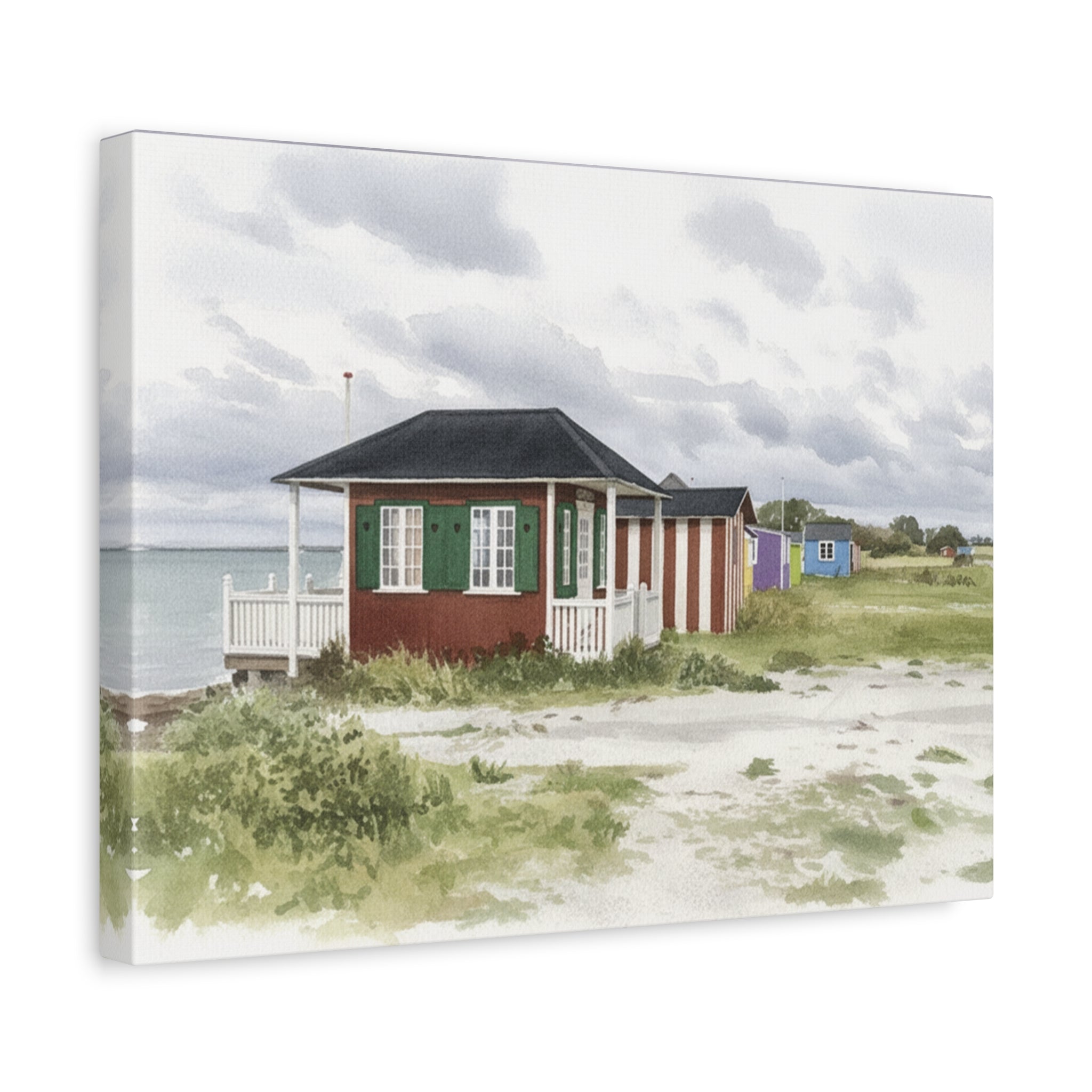 Beach Cottage Canvas Print — Coastal Seaside Cabin Wall Art (Matte Stretched)