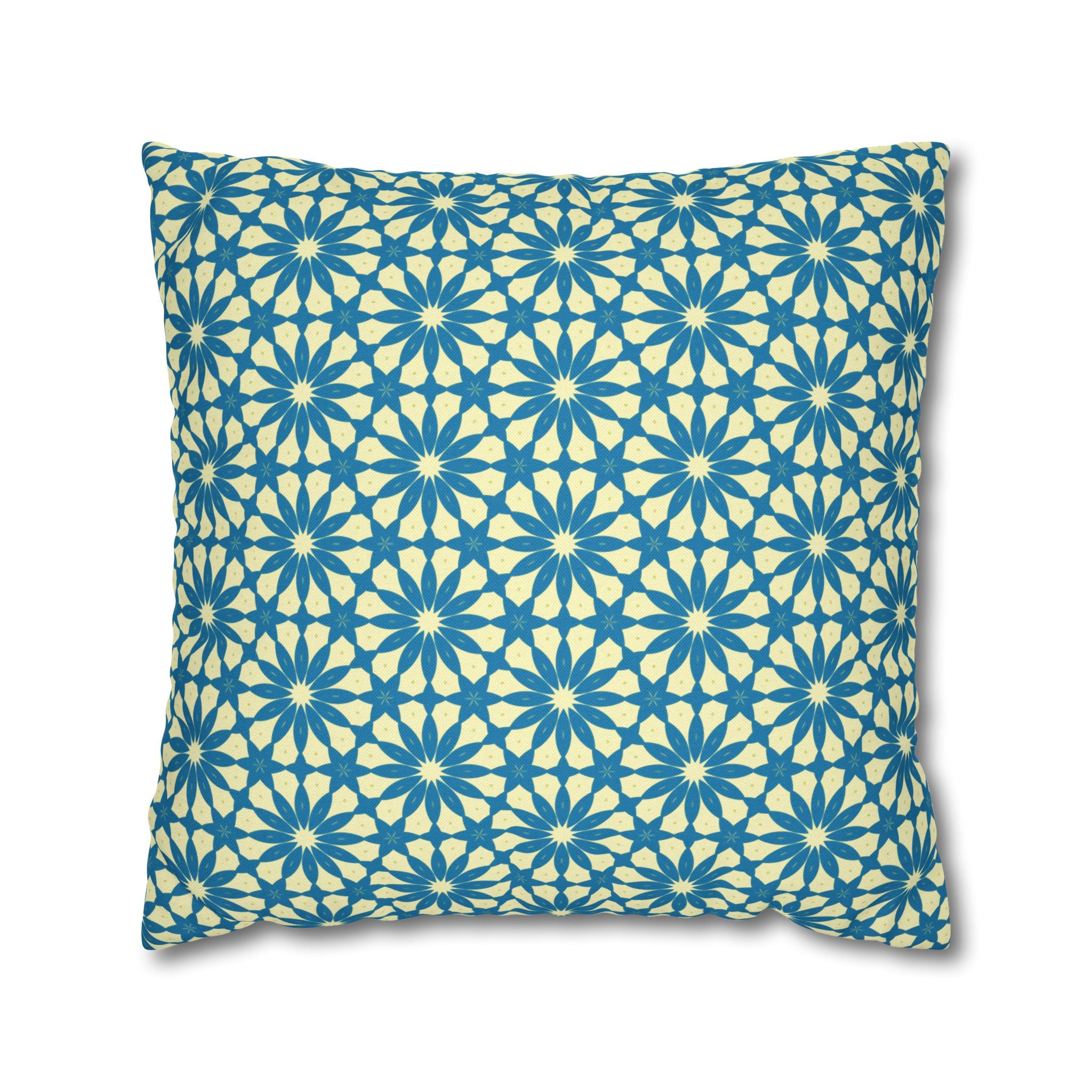 Geometric Teal Daisy THROW PILLOW COVER — Blue Daisy Pattern Square Throw Pillow Cover