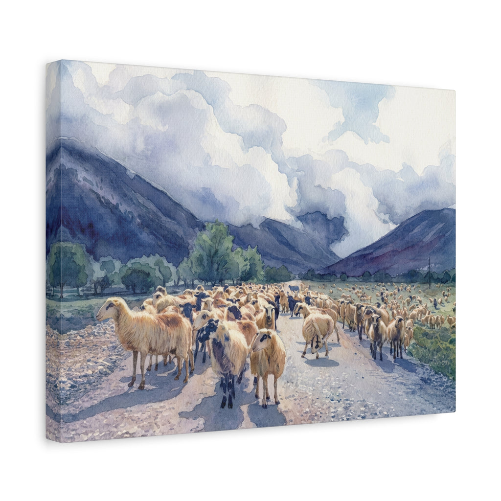 Sheep Flock Canvas Print — Pastoral Mountain Landscape Matte Stretched Wall Art
