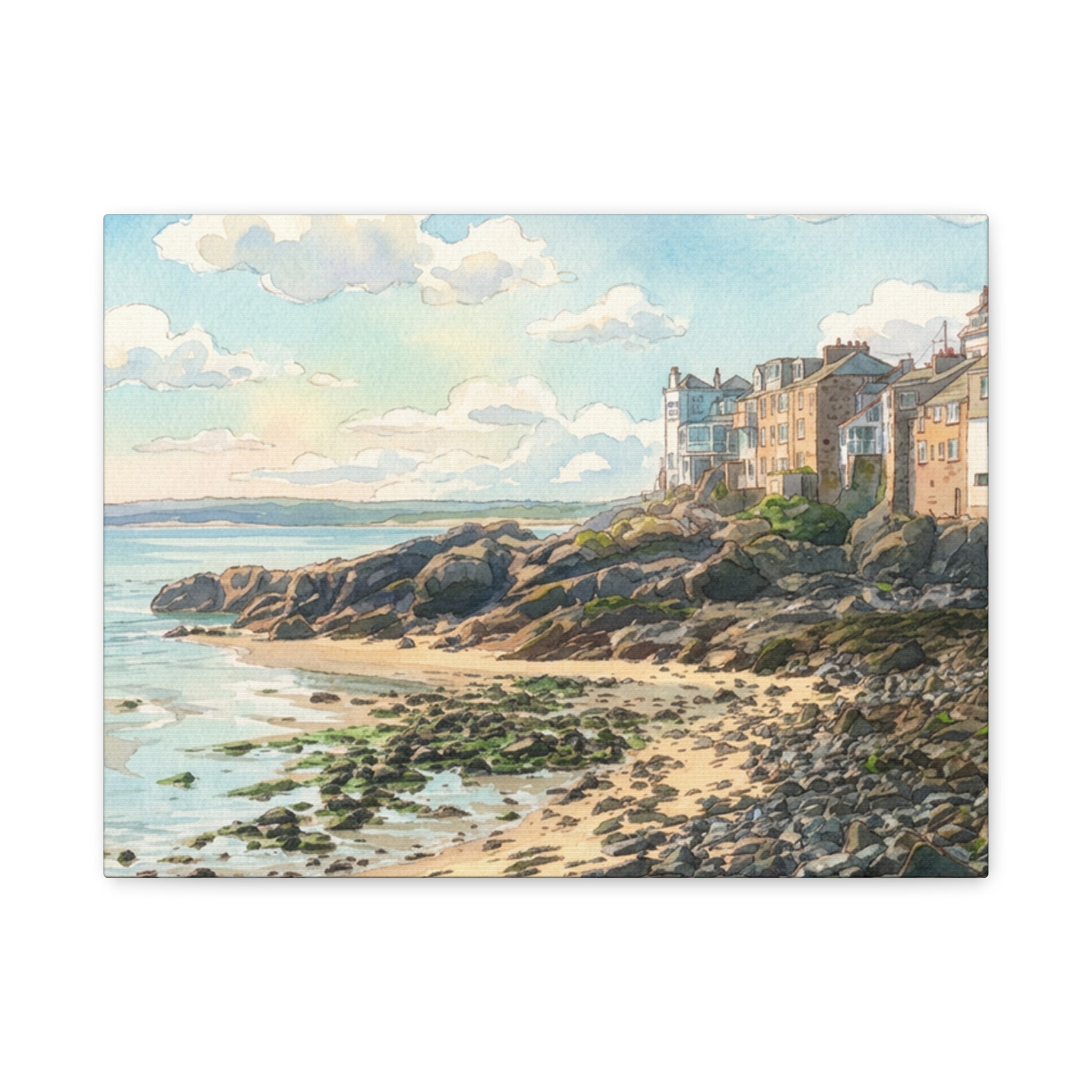 Coastal Seaside Village Matte Canvas Wall Art - Stretched Beachscape Print