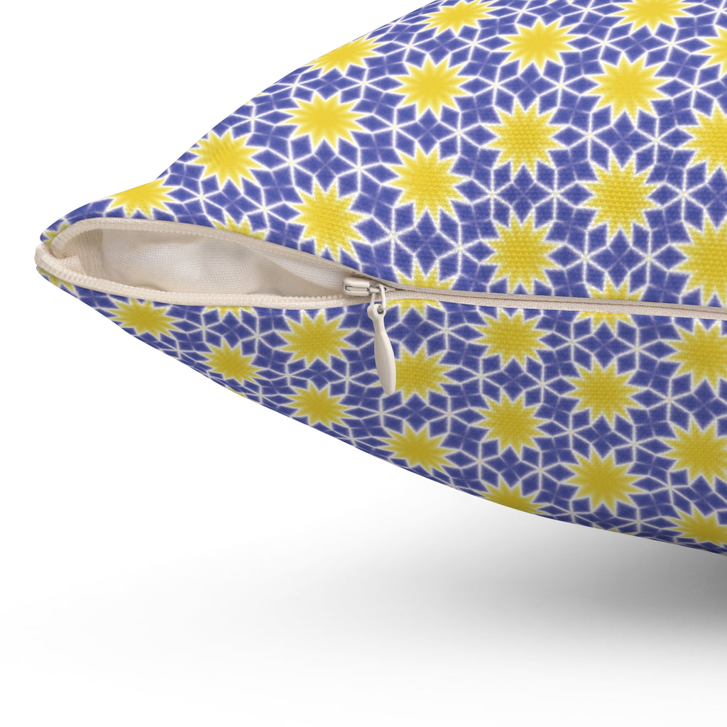 Yellow and Blue Sunburst Pattern Square Pillow — Yellow & Lavender Floral Decorative Cushion