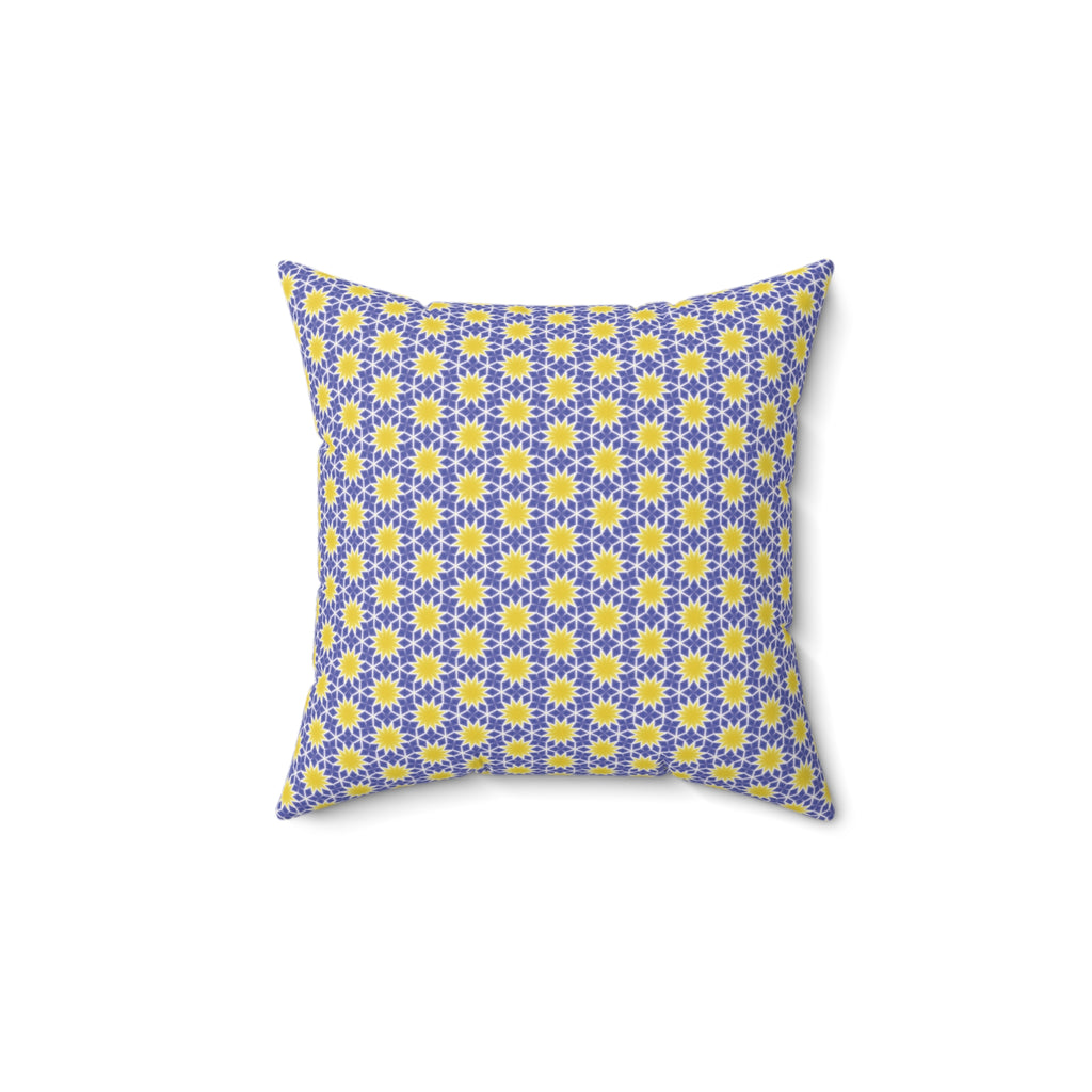 Yellow and Blue Sunburst Pattern Square Pillow — Yellow & Lavender Floral Decorative Cushion