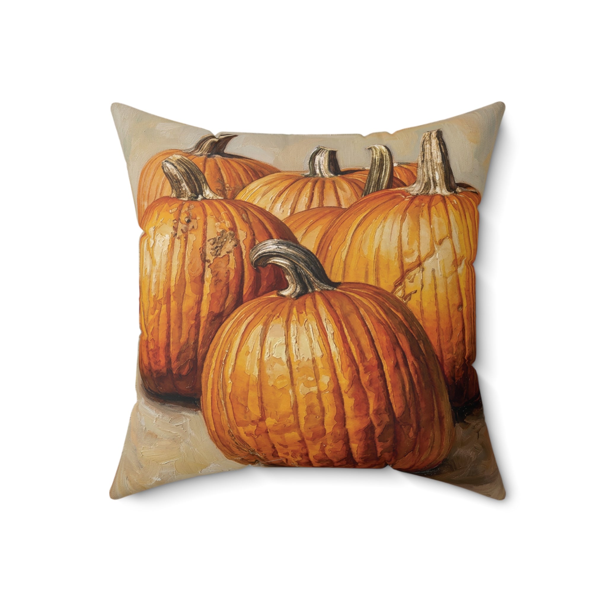 Autumn Pumpkin Decorative Pillow, Beige or Orange Back — Fall Harvest Square Throw Pillow