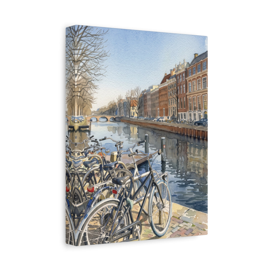 Amsterdam Canal & Bicycles Stretched Canvas Wall Art