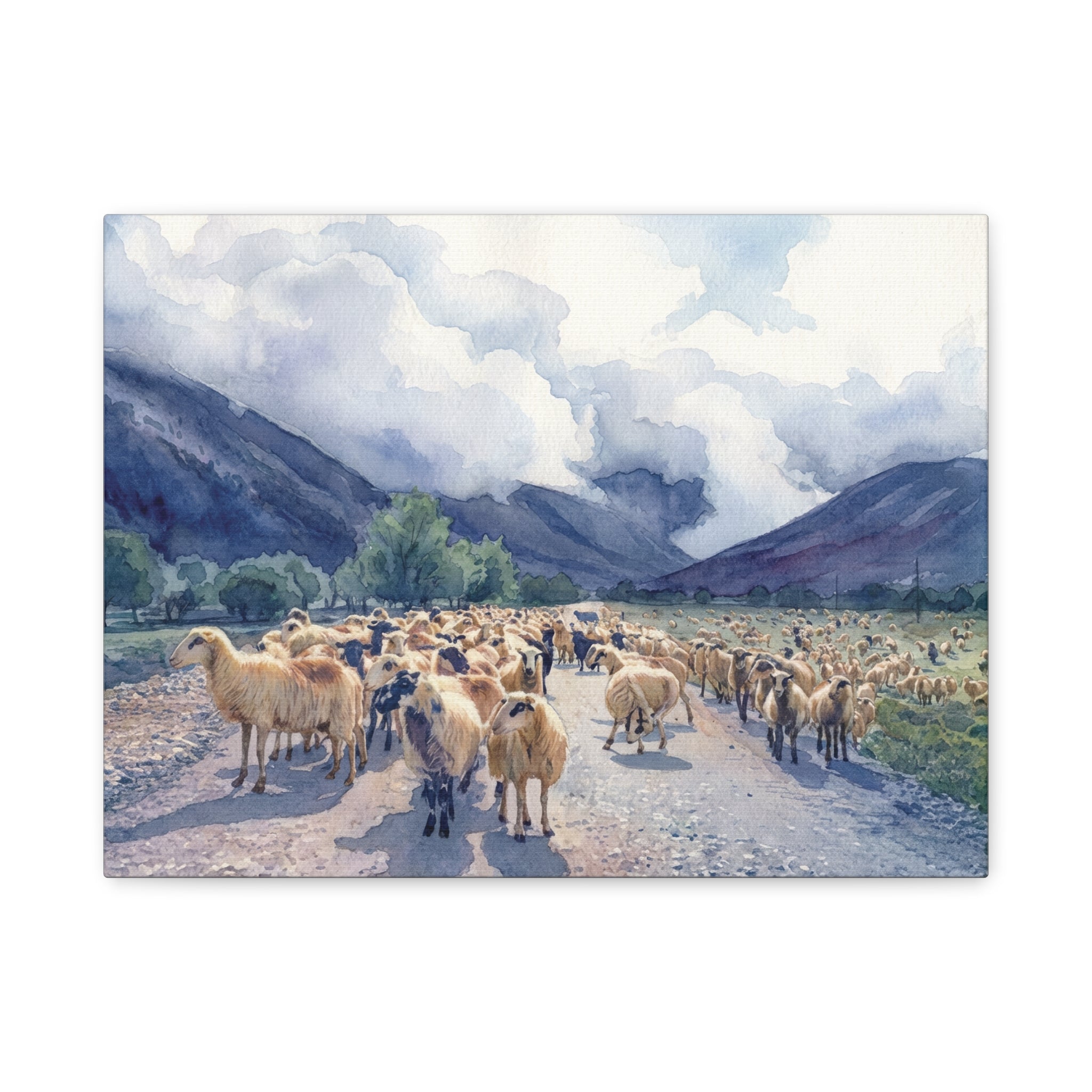 Sheep Flock Canvas Print — Pastoral Mountain Landscape Matte Stretched Wall Art