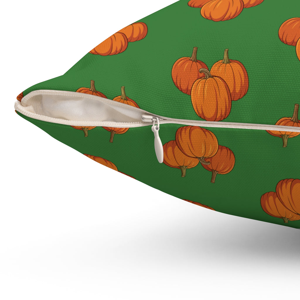 Green Autumn Pumpkin Pattern Throw Pillow — Orange Pumpkins on Green Fall Decor