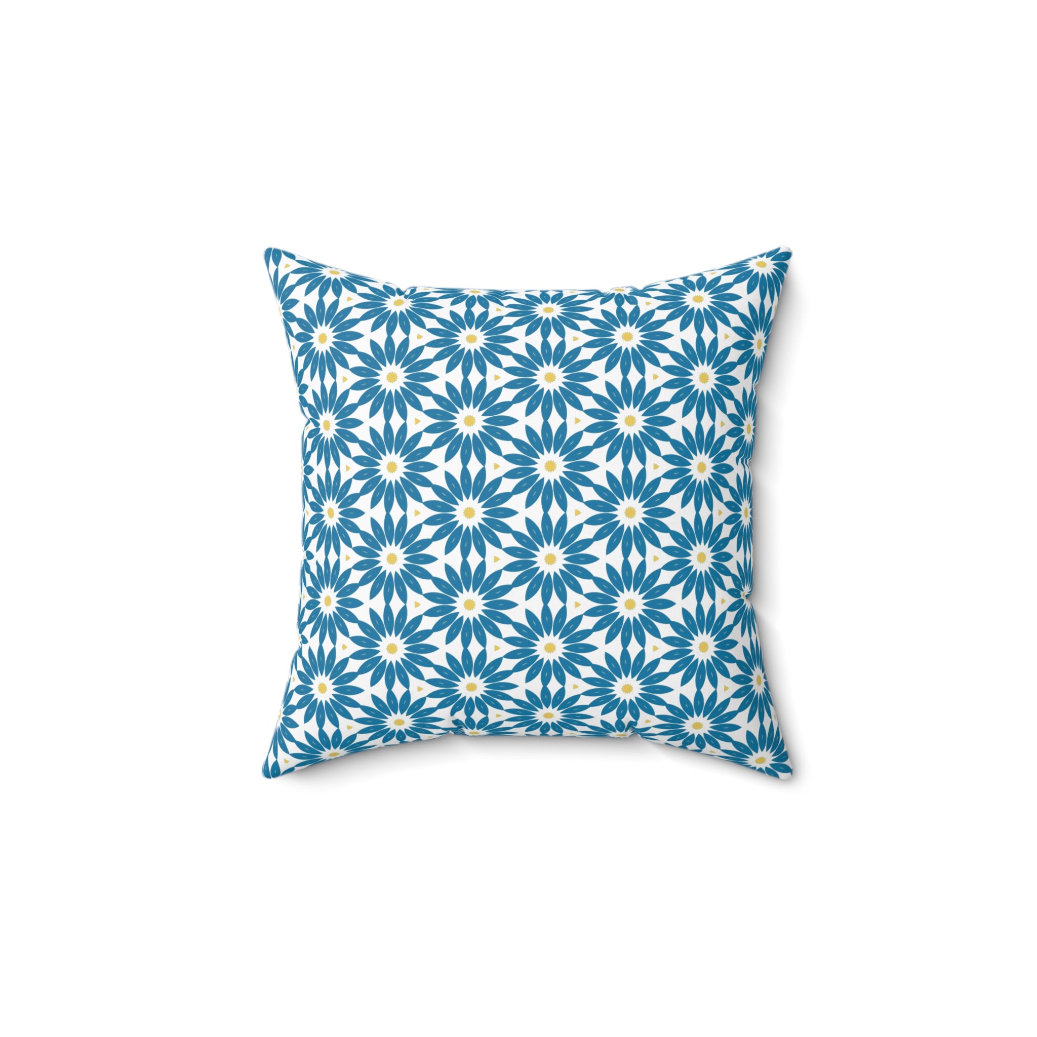 Blue Daisy Pattern Square Pillow — Floral Geometric Decorative Throw Pillow