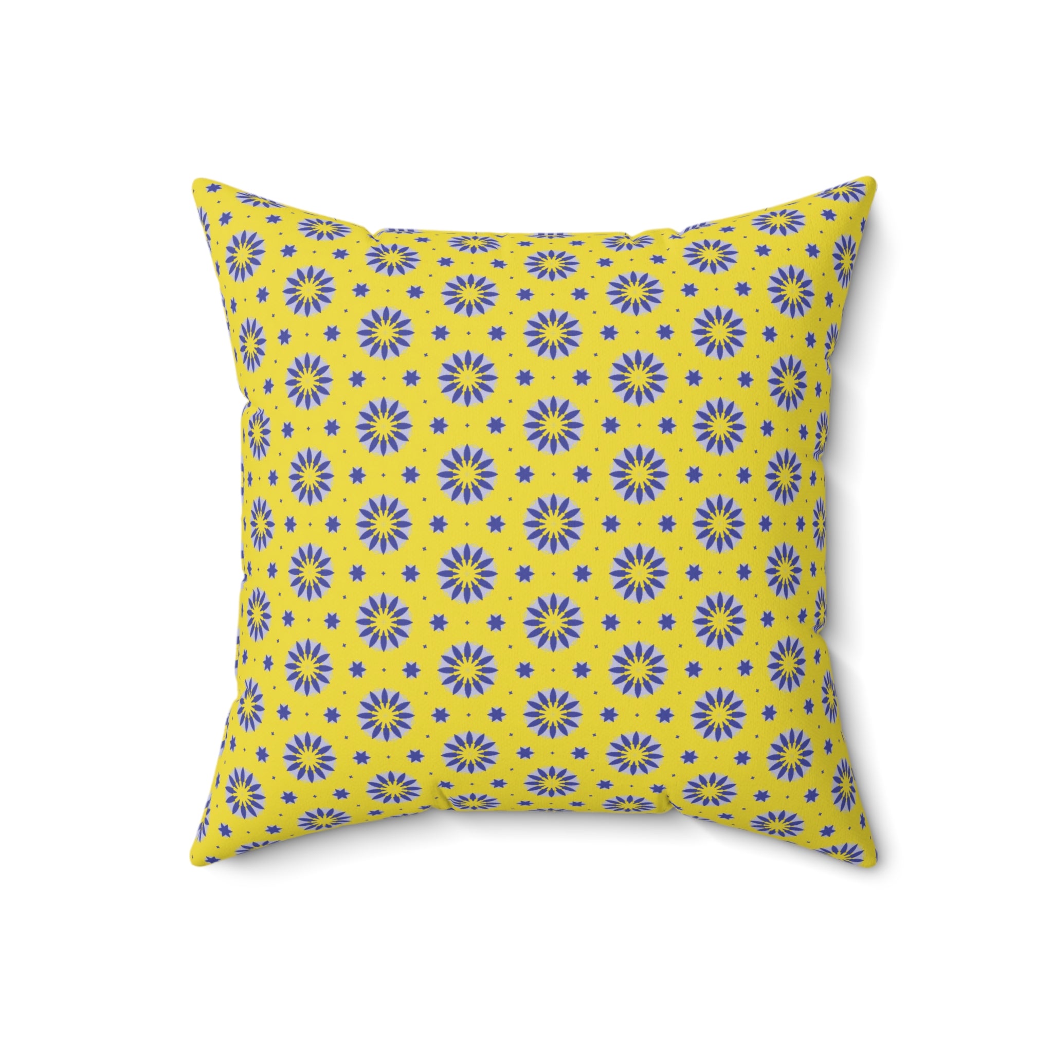 Yellow Floral Pattern Square Pillow — Blue Sunburst Decorative Throw Pillow