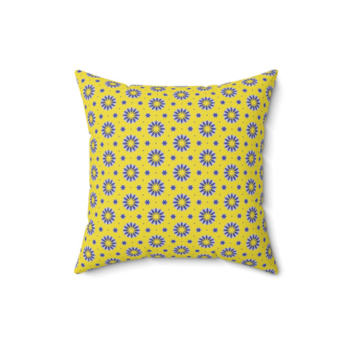 Blue Sun Yellow Floral Pattern Square Pillow — Blue Sunburst Decorative Throw Pillow