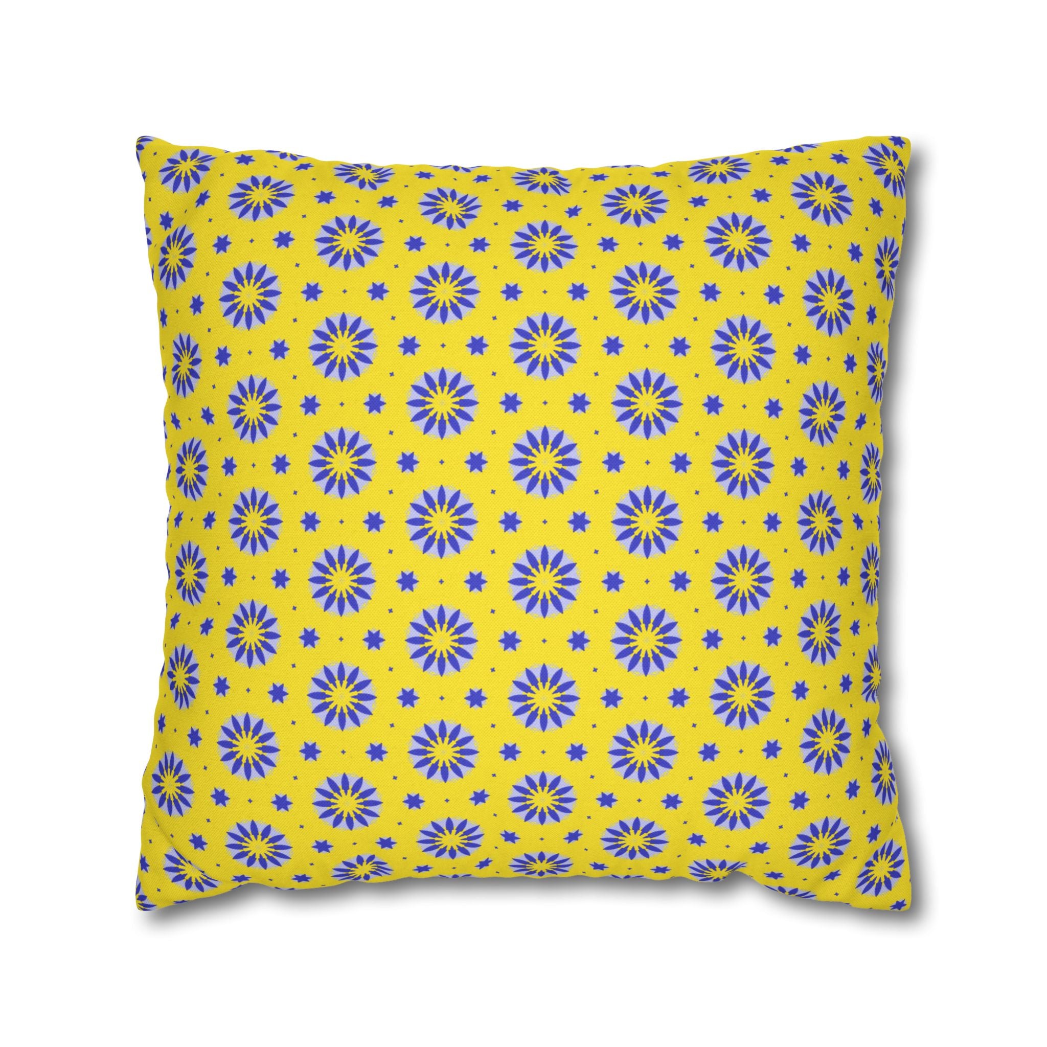 Blue Sun Yellow Floral Pattern THROW PILLOW COVER — Blue Sunburst Decorative Throw Pillow