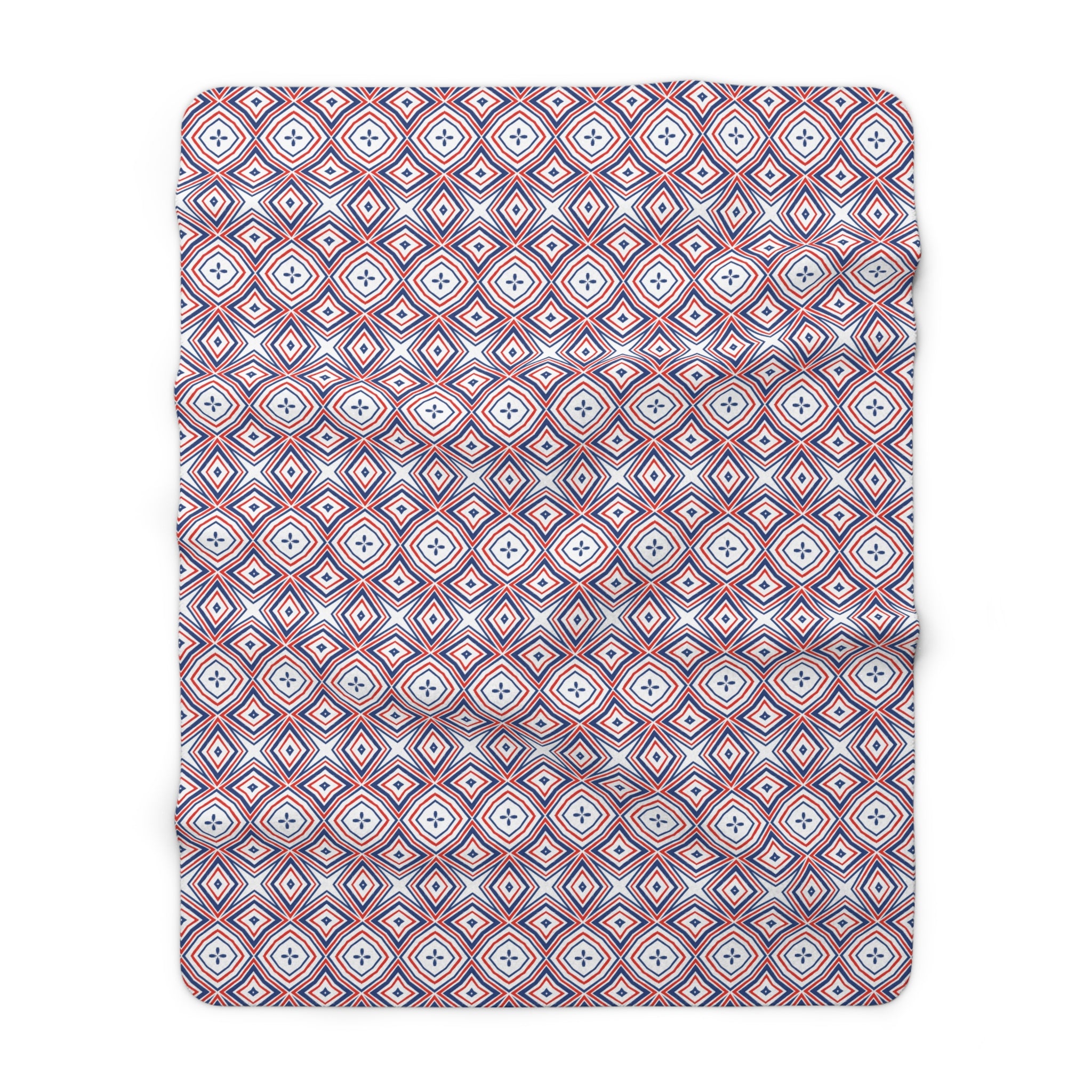 Geometric Red White Blue Sherpa Fleece Blanket — Cozy Retro Diamond Pattern