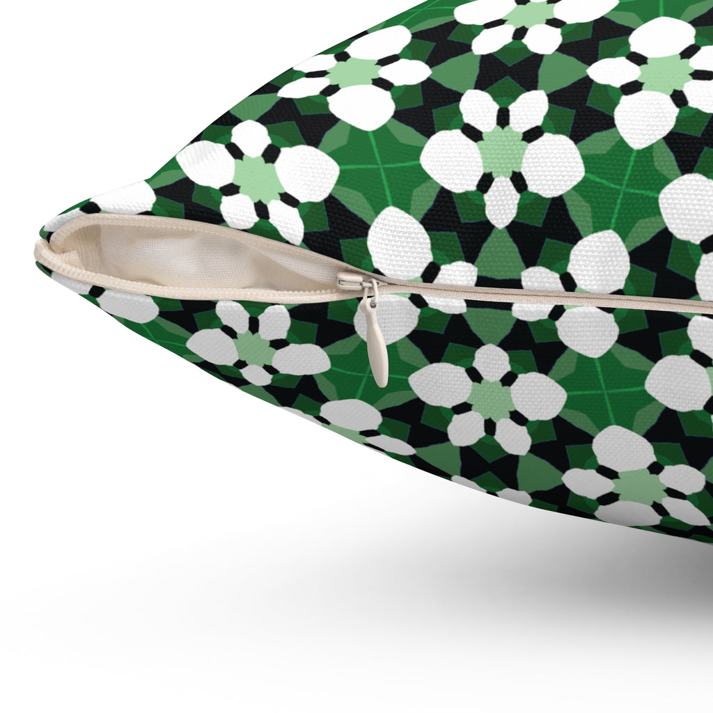 Green Retro Floral Pattern Pillow — Decorative Square Throw Pillow