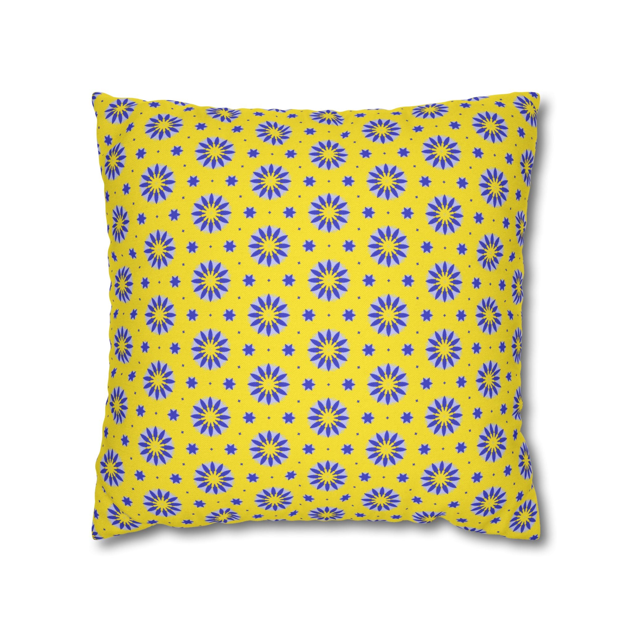 Blue Sun Yellow Floral Pattern THROW PILLOW COVER — Blue Sunburst Decorative Throw Pillow