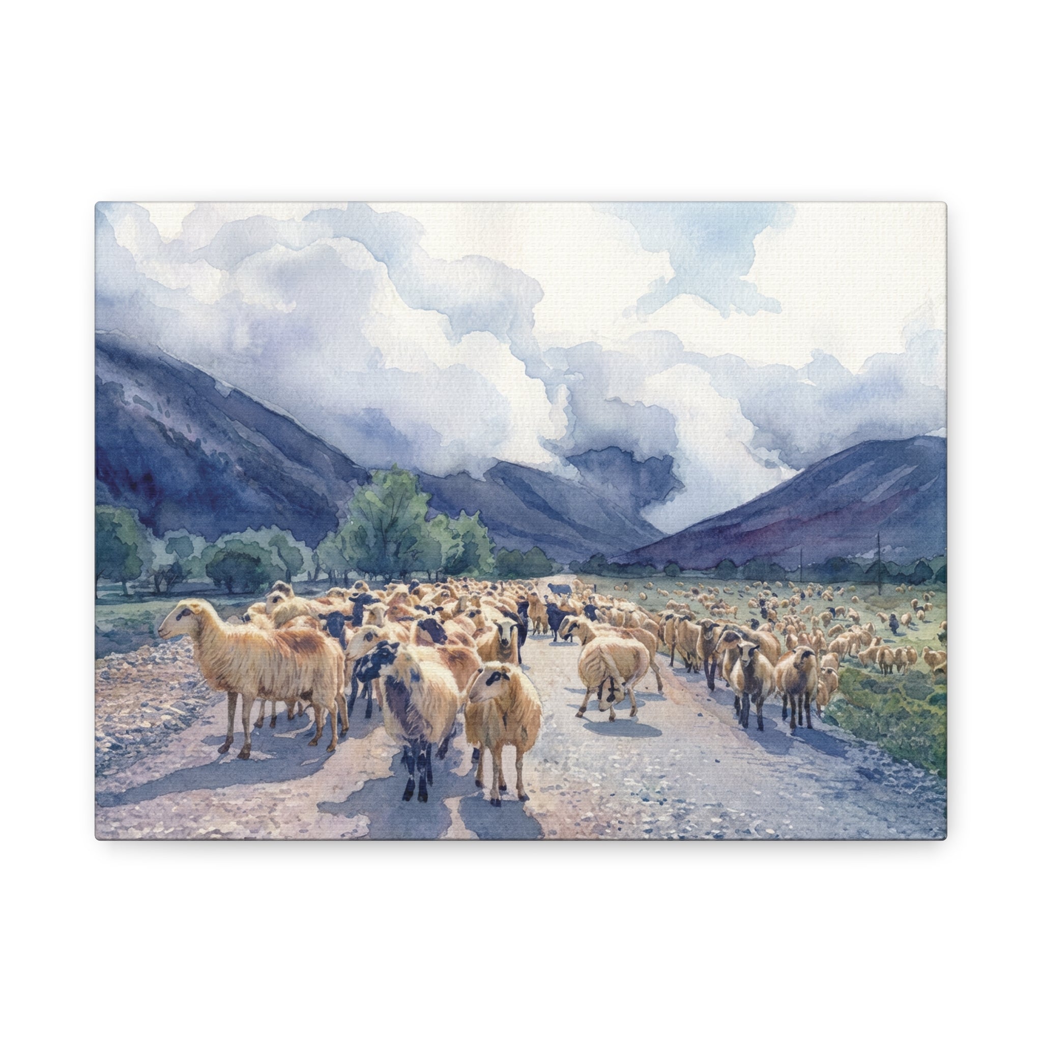 Sheep Flock Canvas Print — Pastoral Mountain Landscape Matte Stretched Wall Art