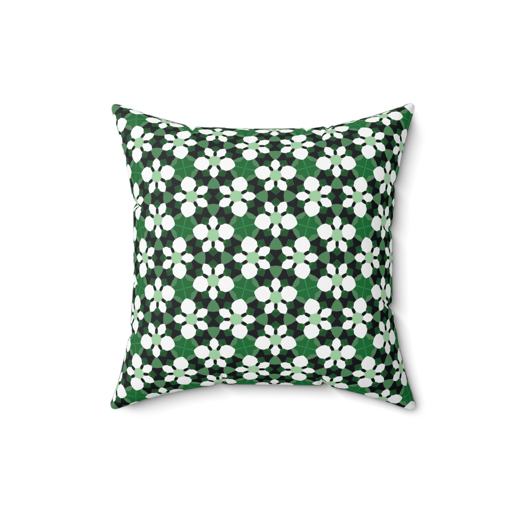 Green Retro Floral Pattern Pillow — Decorative Square Throw Pillow
