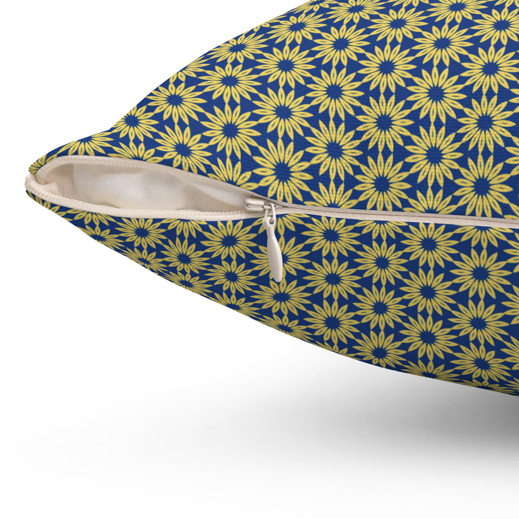 Sunburst Floral Throw Pillow — Yellow & Blue Geometric Accent Cushion
