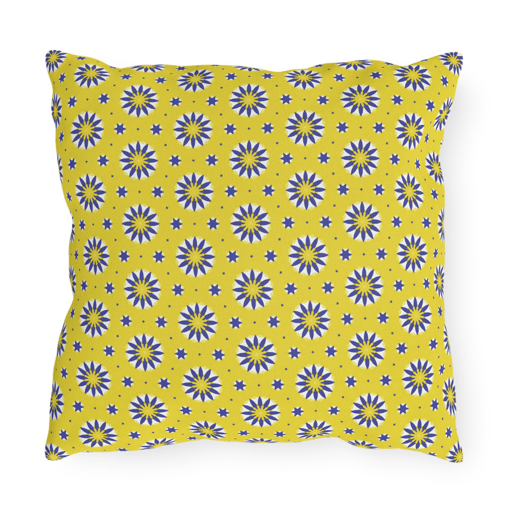 Outdoor Pillow — Yellow Blue Sunshine Floral Pattern Decorative Cushion for Patio & Porch