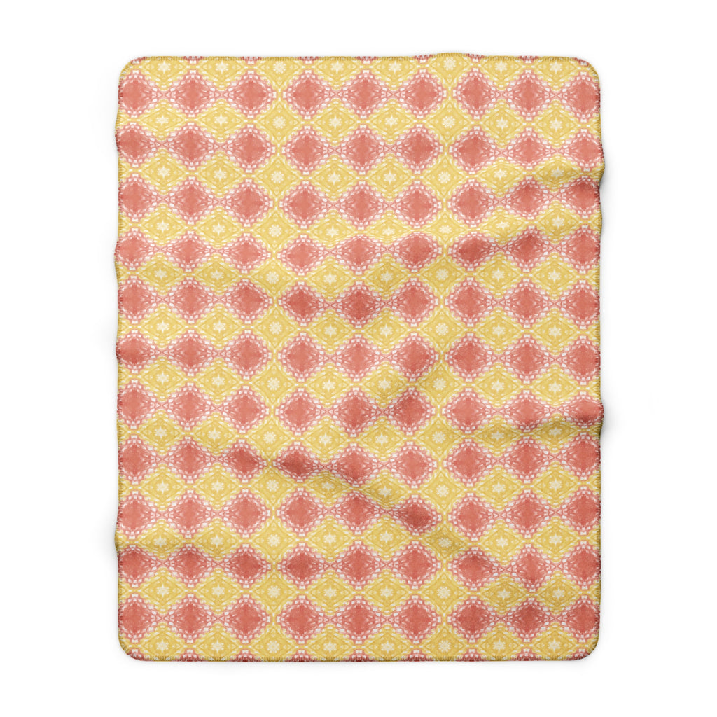 Pastel Boho Diamond Pattern Sherpa Blanket – Cozy Retro Floral Fleece Throw in Peach & Yellow